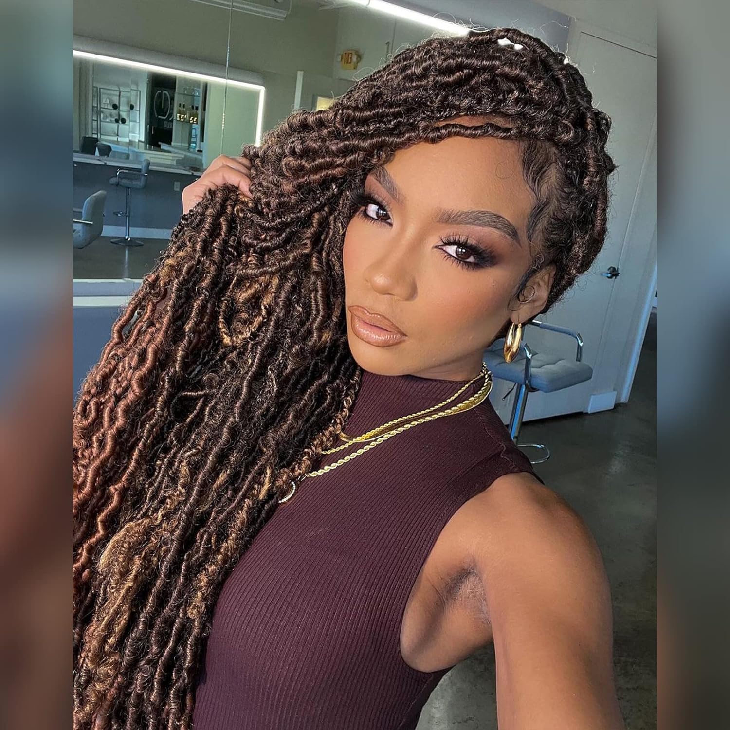 FAST SHIPPING 3-5 DAY FL | Toyotress Faux Locs Crochet Hair - Soft Natural Ombre Brown Long Pre-looped Faux Locs Crochet Braids, Curly Wavy Synthetic Braiding Hair Extensions