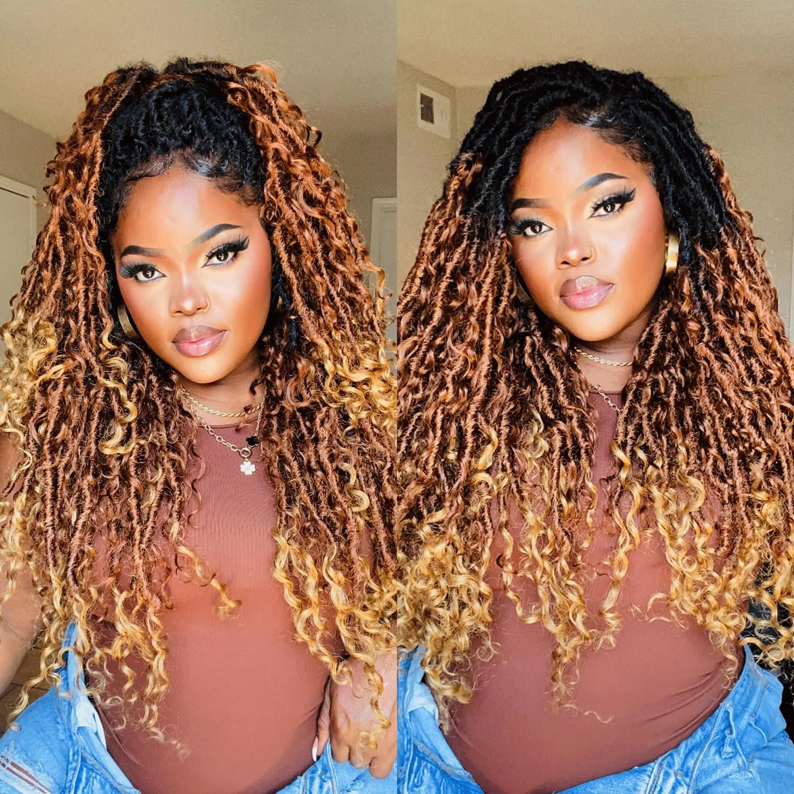 ( US ONLY) FAST SHIPPING Boho Human Hair Locs | Toyotress® Boho Human Hair Locs - 8 Packs Pre-Looped Crochet Locs With Human Hair Curls, Ombre Brown Human Hair Locs With Curly Ends Braiding Hair Extensions Toyotress