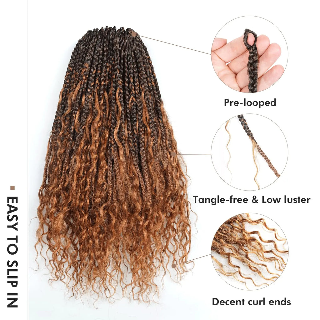 ( US ONLY) FAST SHIPPING HB | Toyotress® Boho Braids With Human Hair Curls Handmade Pre-Looped Crochet Boho Box Braids (96 Strands In All) Toyotress