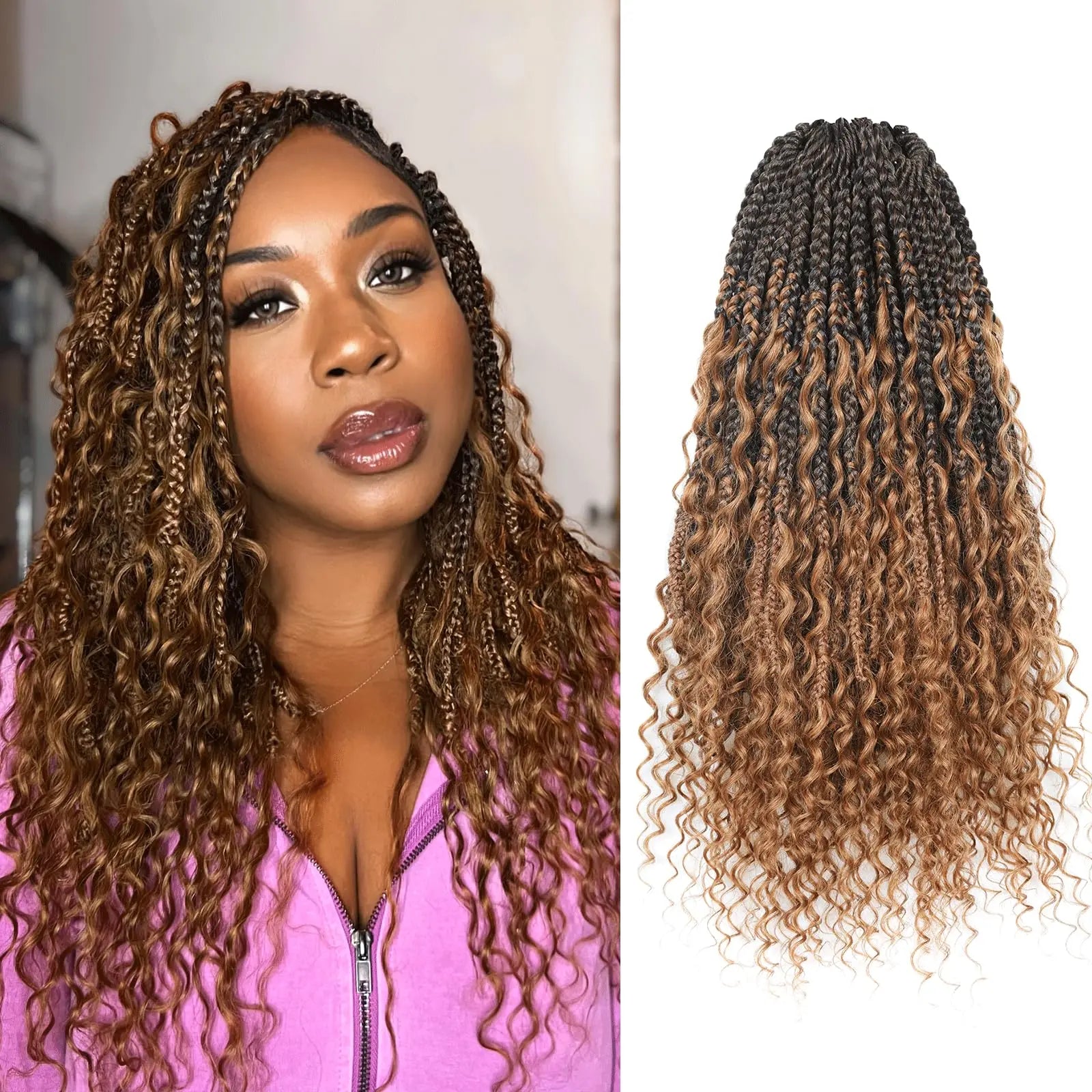 ( US ONLY) FAST SHIPPING HB | Toyotress® Boho Braids With Human Hair Curls Handmade Pre-Looped Crochet Boho Box Braids (96 Strands In All) Toyotress