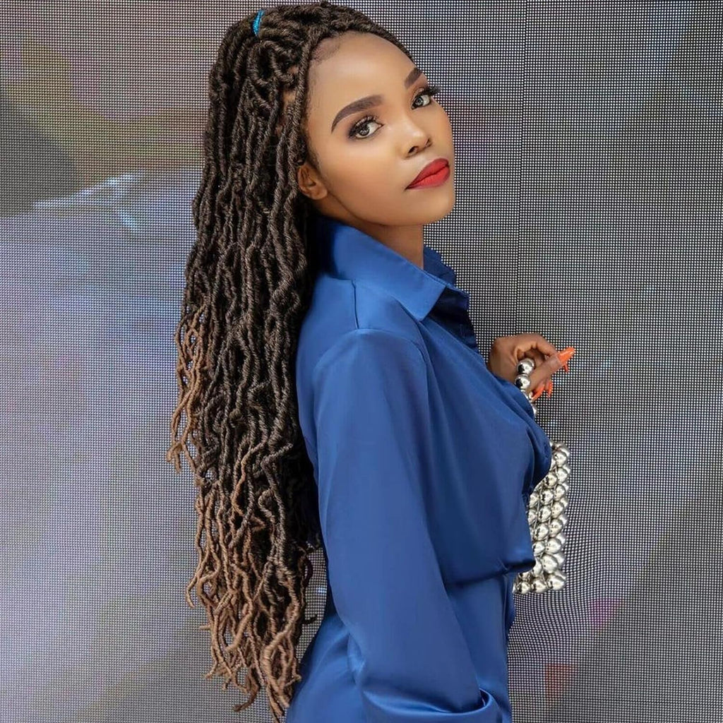 ( US ONLY) FAST SHIPPING FL | Toyotress® Faux Locs Crochet Hair - Soft Natural Ombre Brown Long Pre-looped Faux Locs Crochet Braids, Curly Wavy Synthetic Braiding Hair Extensions Toyotress