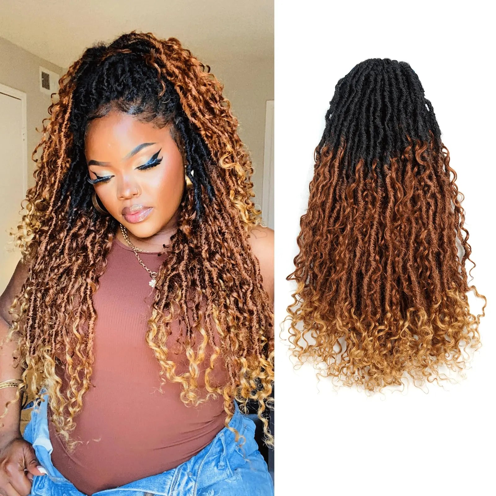 ( US ONLY) FAST SHIPPING Boho Human Hair Locs | Toyotress® Boho Human Hair Locs - 8 Packs Pre-Looped Crochet Locs With Human Hair Curls, Ombre Brown Human Hair Locs With Curly Ends Braiding Hair Extensions Toyotress