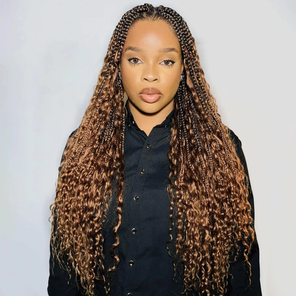 ( US ONLY) FAST SHIPPING HB | Toyotress® Boho Braids With Human Hair Curls Handmade Pre-Looped Crochet Boho Box Braids (96 Strands In All) Toyotress