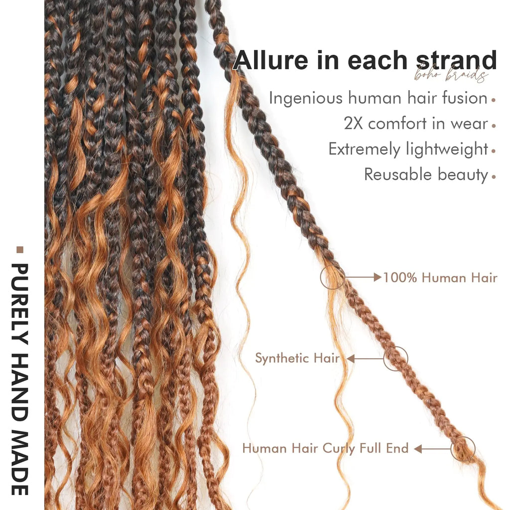 ( US ONLY) FAST SHIPPING HB | Toyotress® Boho Braids With Human Hair Curls Handmade Pre-Looped Crochet Boho Box Braids (96 Strands In All) Toyotress