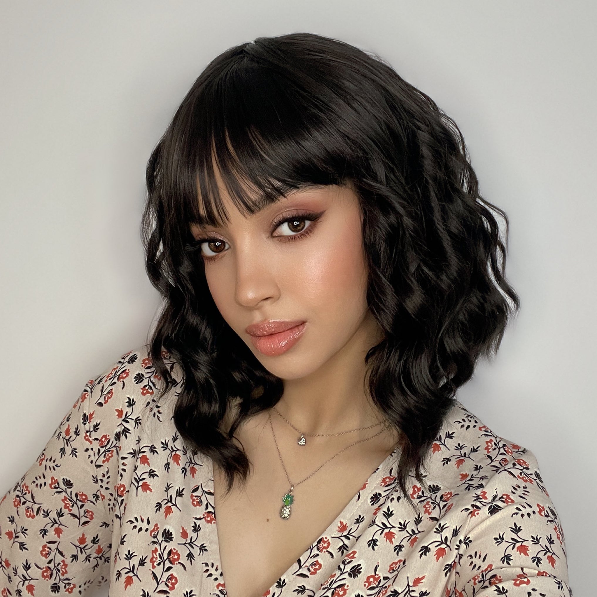 Toyotress Short Wavy Wigs With Bangs - Natural Black Bob Hair Wigs For Black Women, Shoulder Length Curly Synthetic Wigs