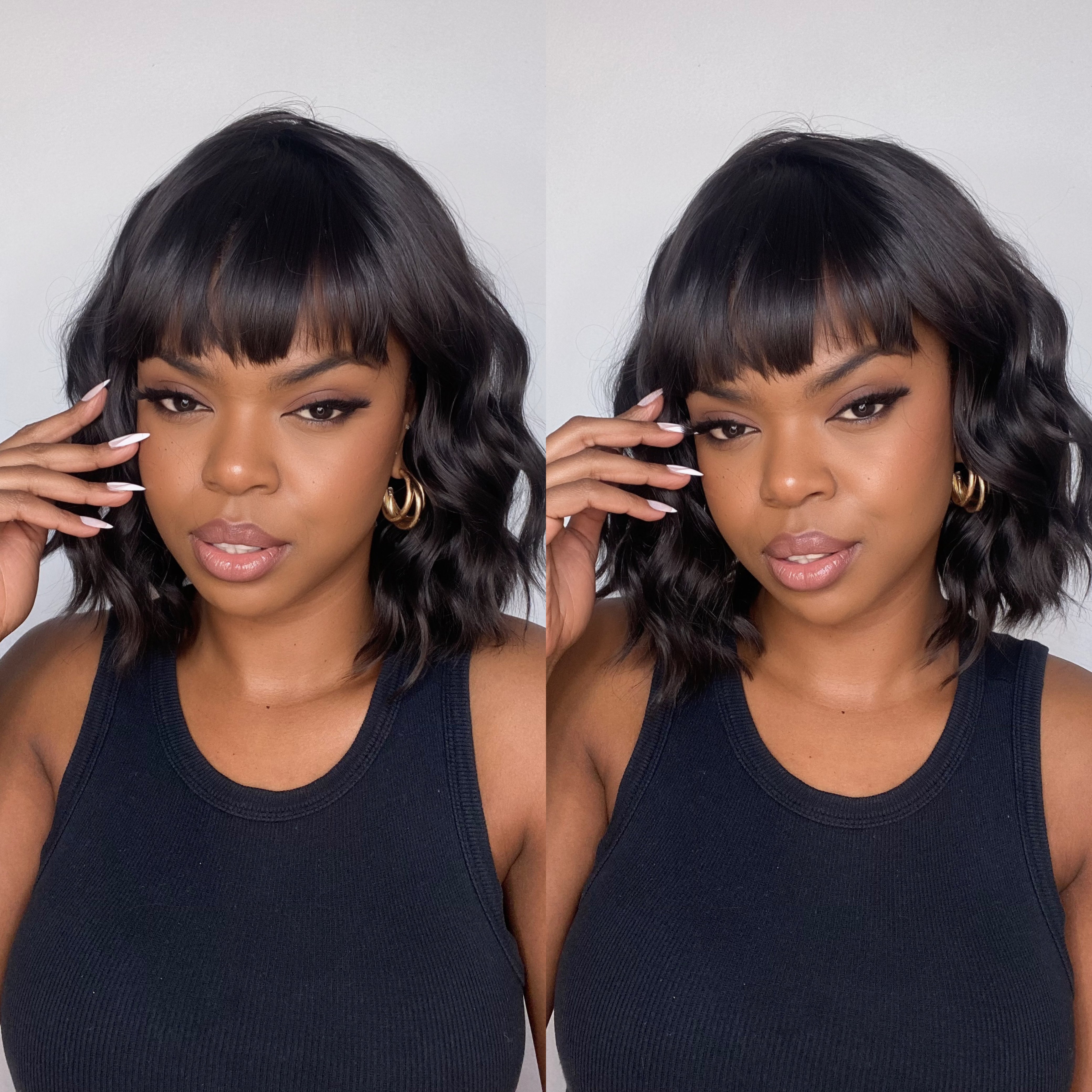 Toyotress Short Wavy Wigs With Bangs - Natural Black Bob Hair Wigs For Black Women, Shoulder Length Curly Synthetic Wigs