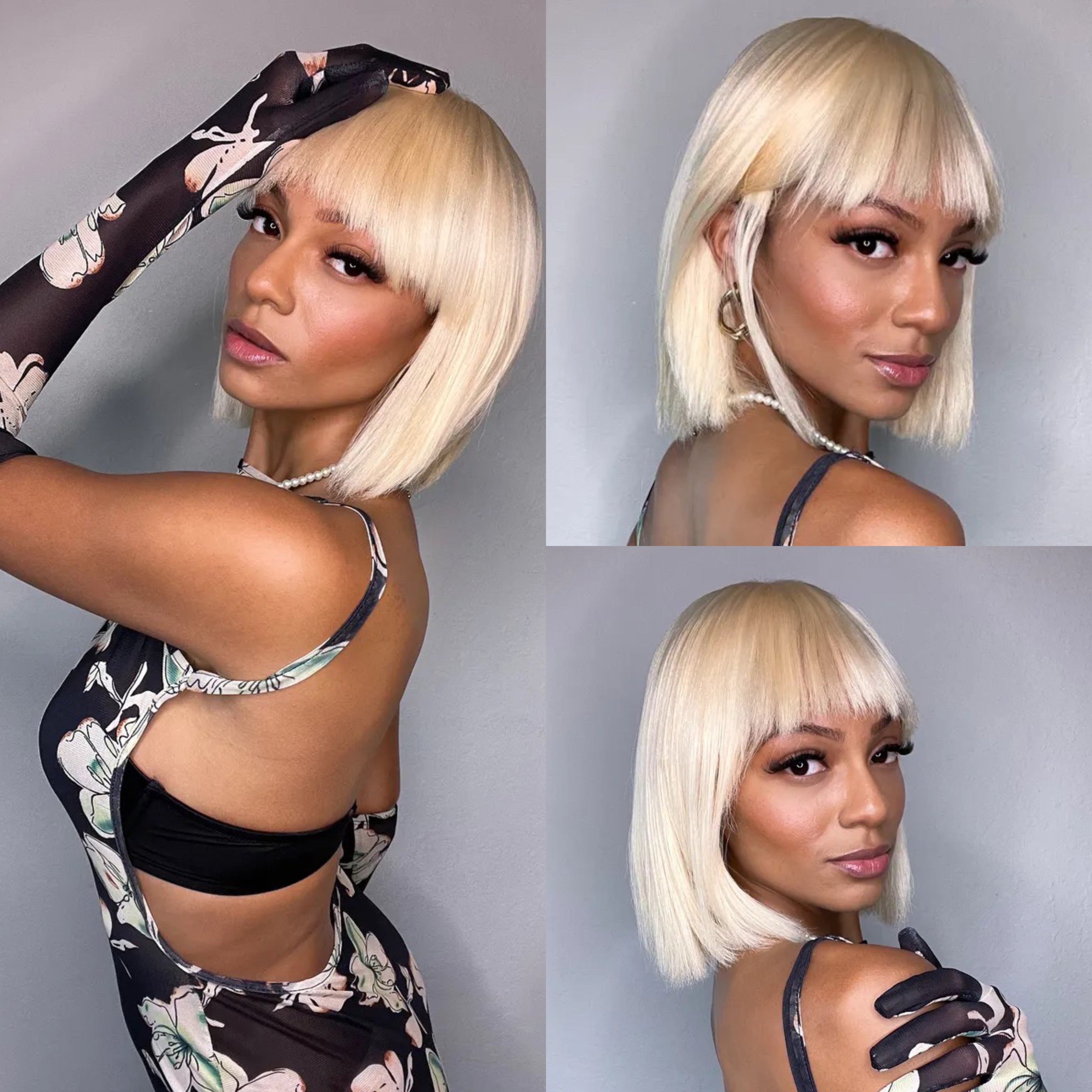 Toyotress Short Bob Synthetic Wigs | Blunt cut Natural Black Straight Wig with Bangs Synthetic Wig（612H+618）