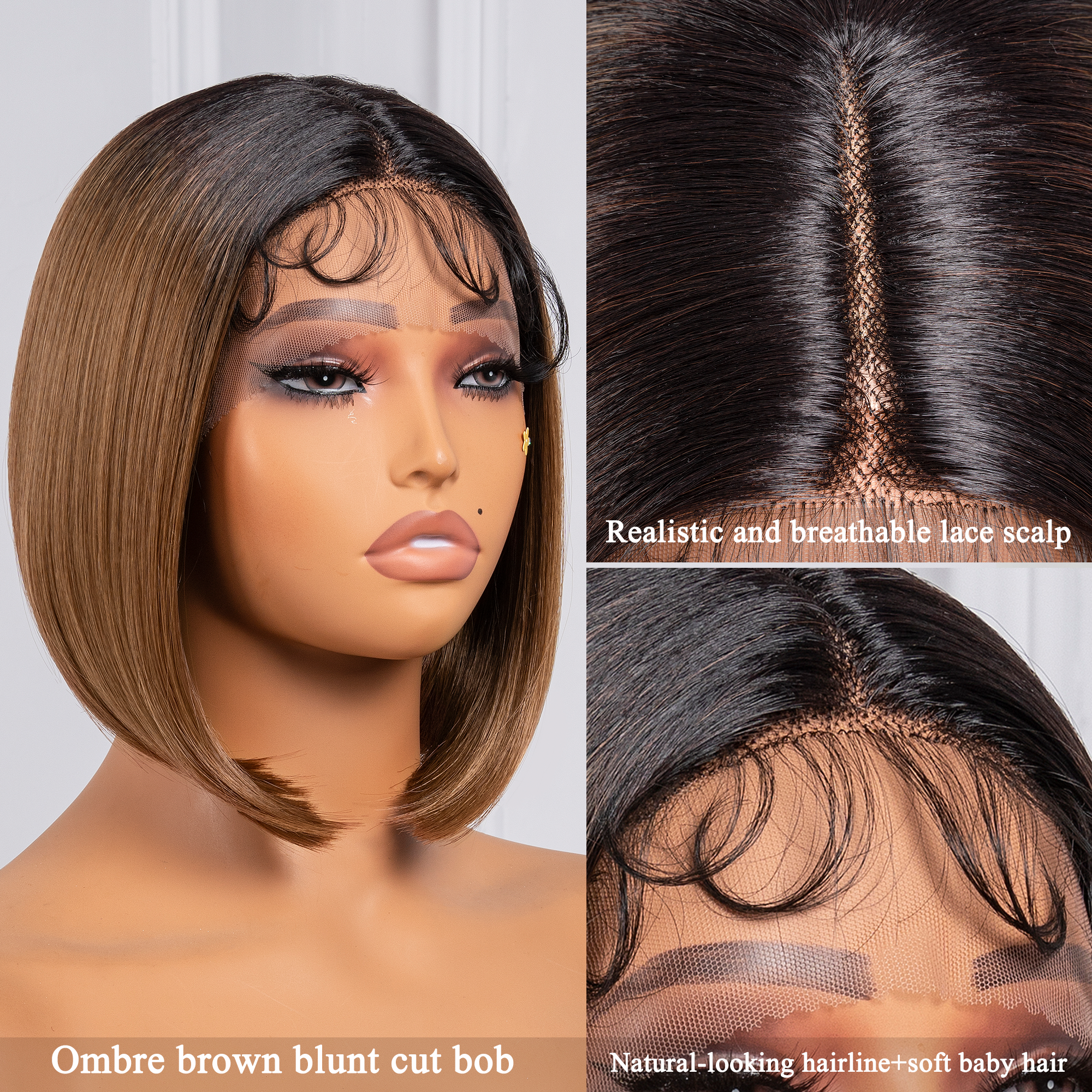 TOYOTRESS AIRY YAKI STRAIGHT T-MIDDLE PART LACE FRONT WIGS WITH BABY HAIR - 12 INCH BOB HUMAN HAIR RIVAL WIG OMBRE BROWN WITH BLACK ROOTS WIG(1027）