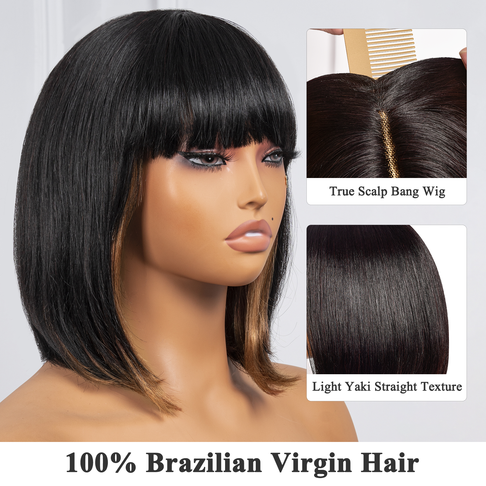 Toyotress Human Hair Bob Wigs - 10 Inch Blunt Cut Short Black Bob Wigs With Bangs, Light Yaki Straight Realistic Look HD Invisible 13*4 T-Part long Lace Glueless 100% Brazilian Virgin Hair Wigs (LF0922H)