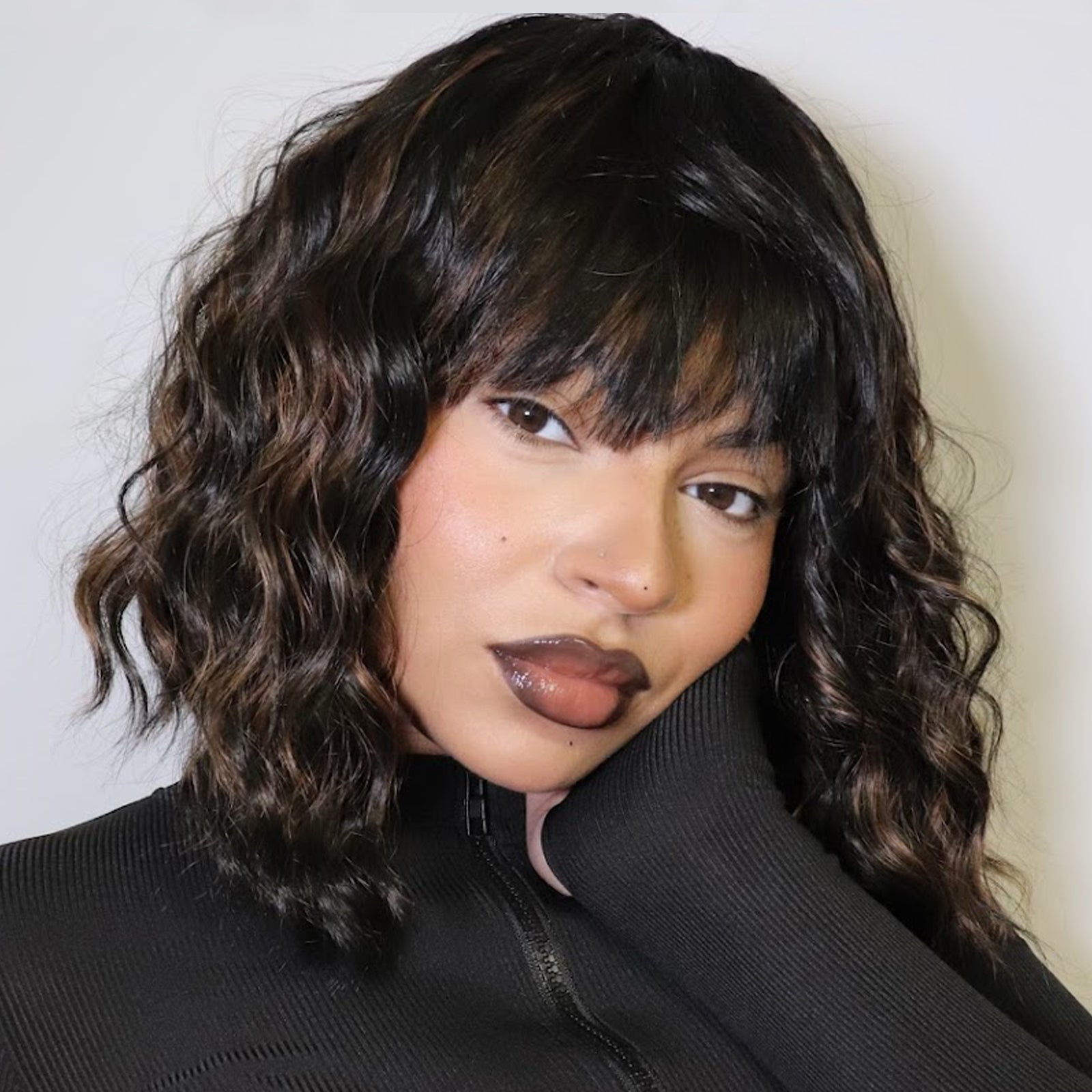 Toyotress Short Wavy Wigs With Bangs - Natural Black Bob Hair Wigs For Black Women, Shoulder Length Curly Synthetic Wigs