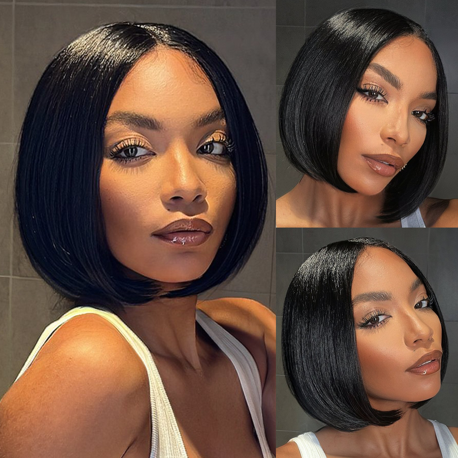 TOYOTRESS AIRY YAKI STRAIGHT T-MIDDLE PART LACE FRONT WIGS WITH BABY HAIR - 12 INCH BOB HUMAN HAIR RIVAL WIG OMBRE BROWN WITH BLACK ROOTS WIG(1027）