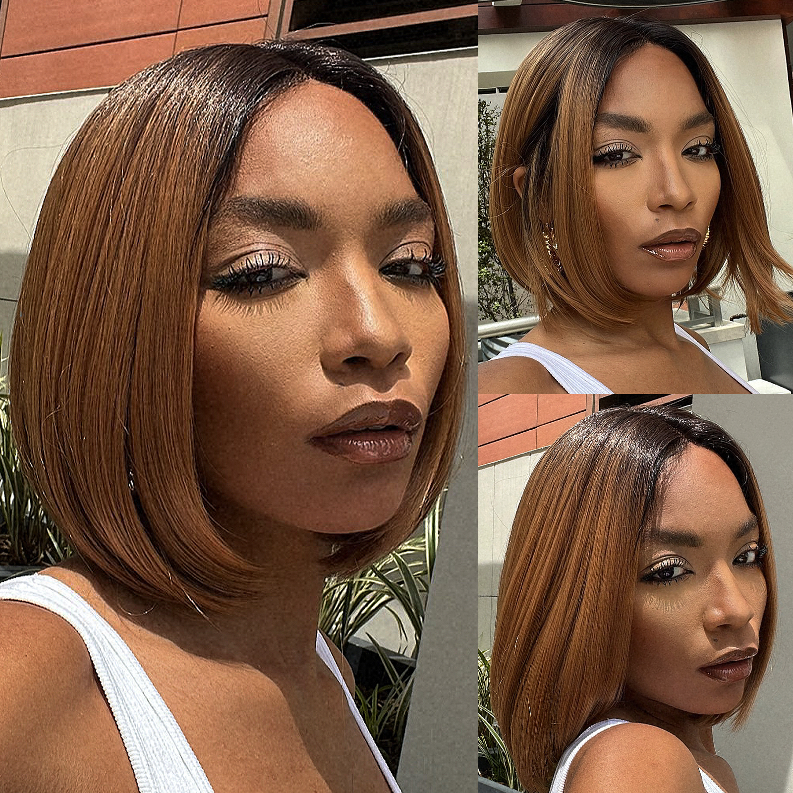 TOYOTRESS AIRY YAKI STRAIGHT T-MIDDLE PART LACE FRONT WIGS WITH BABY HAIR - 12 INCH BOB HUMAN HAIR RIVAL WIG OMBRE BROWN WITH BLACK ROOTS WIG(1027）