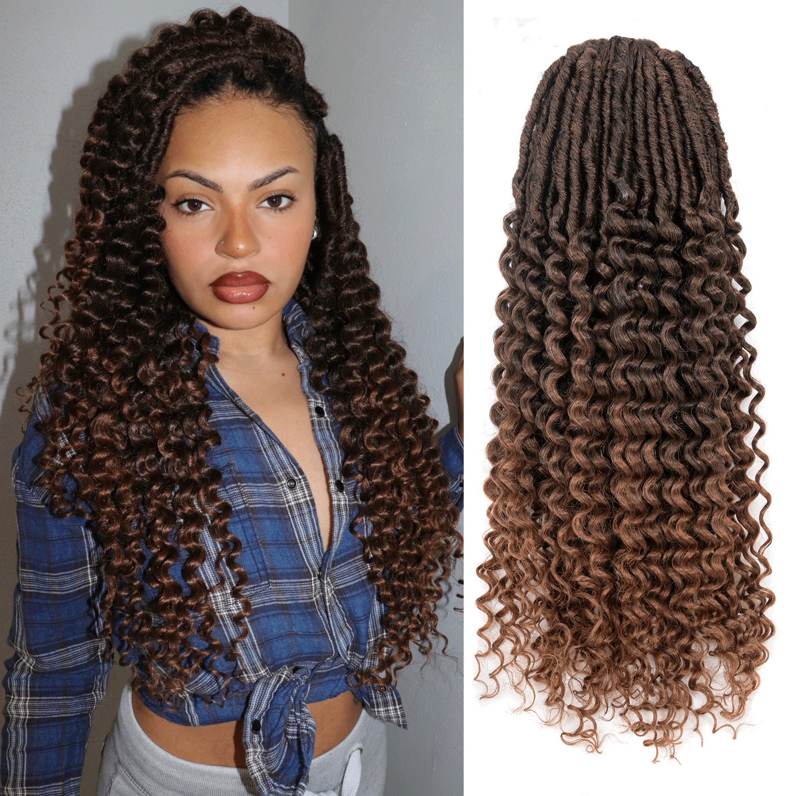 Toyotress Deep Wave Locs Crochet Hair Curly Faux Locs Crochet Hair, Ombre Brown Ocean Wave Locs Pre-Looped Short Soft Locs Braiding Hair