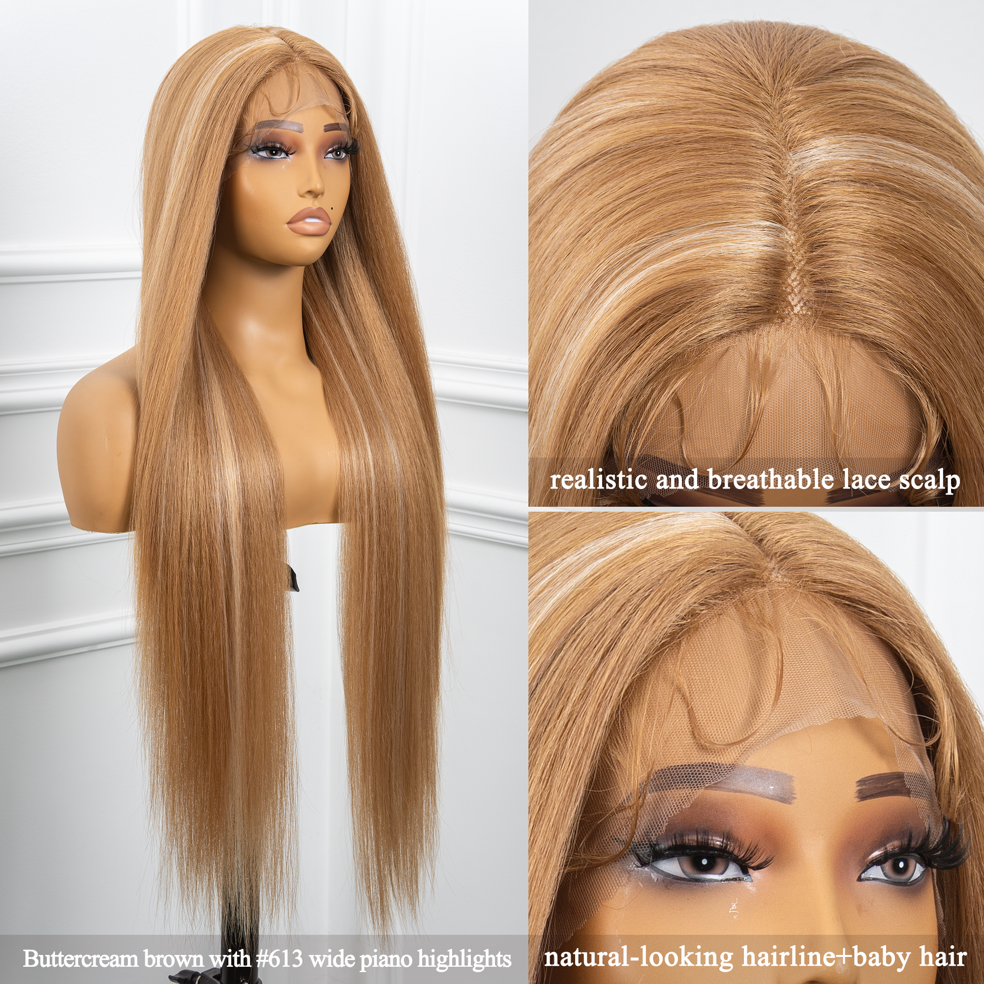 Toyotress Airy Yaki Straight T-middle Part Lace Front Wigs with Baby Hair | 20-32 Inch Long Soft Human Hair Rival Brown With Piano Highlights Wig(1472)