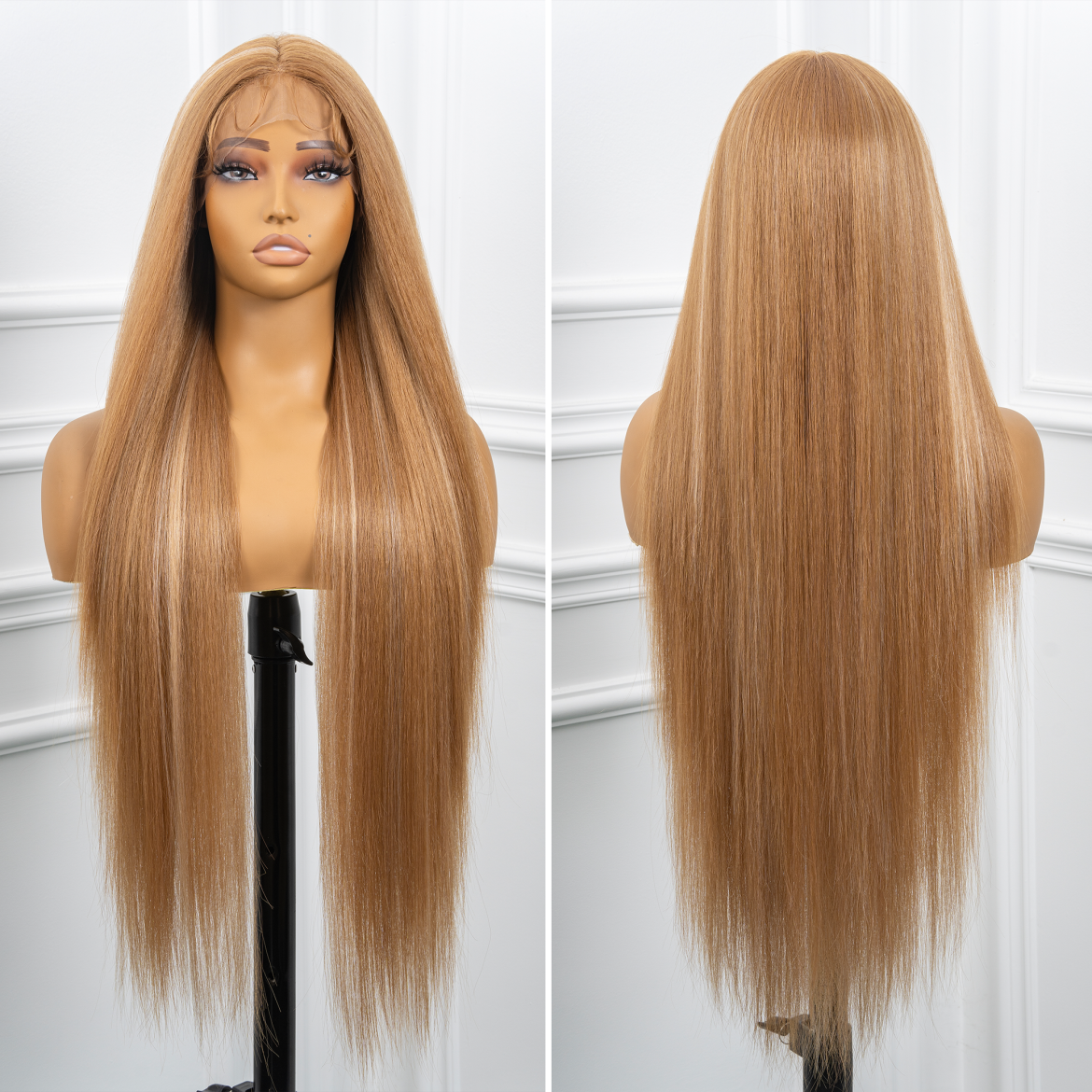 Toyotress Airy Yaki Straight T-middle Part Lace Front Wigs with Baby Hair | 20-32 Inch Long Soft Human Hair Rival Brown With Piano Highlights Wig(1472)