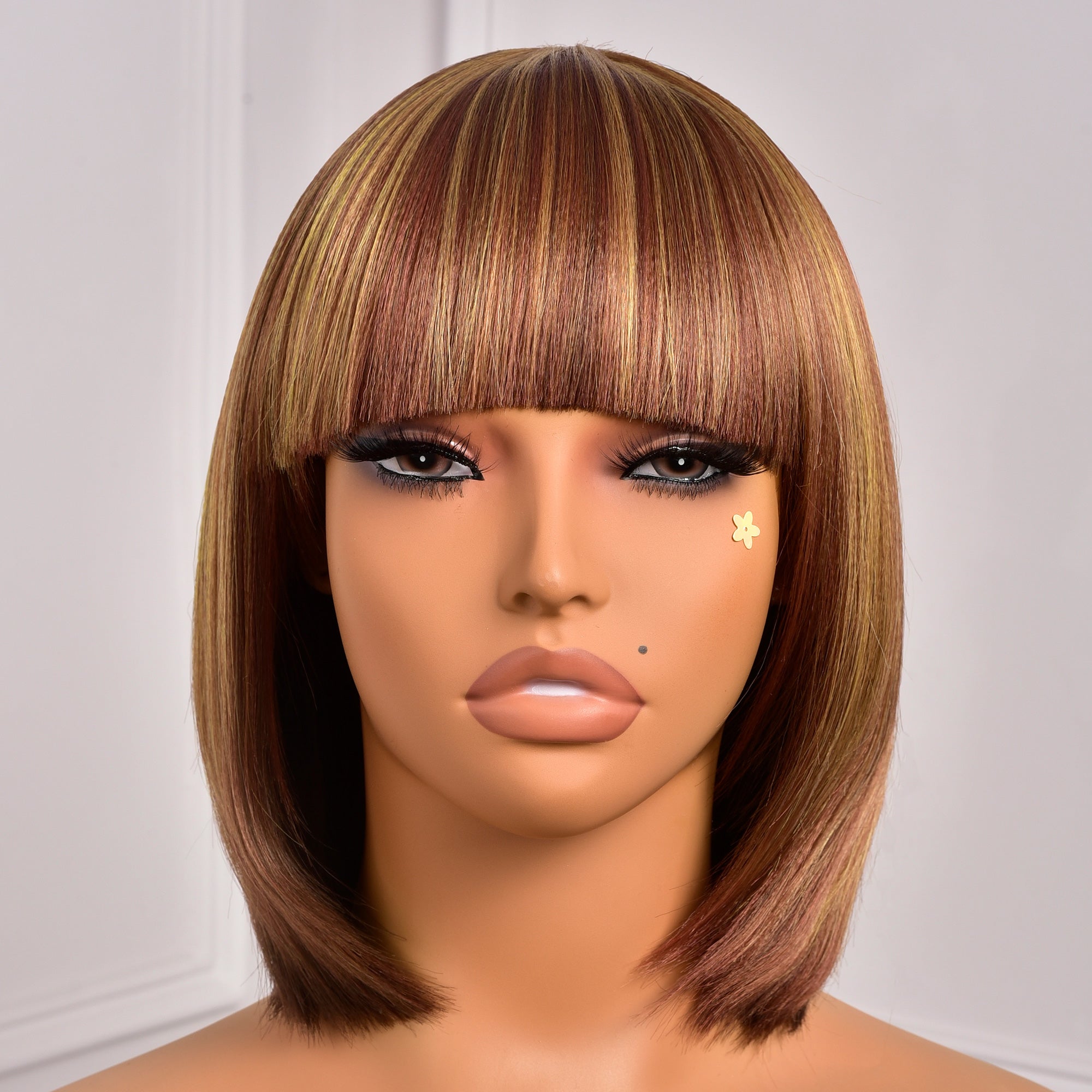 Toyotress Short Bob Synthetic Wigs | Blunt cut Natural Black Straight Wig with Bangs Synthetic Wig（612H+618）