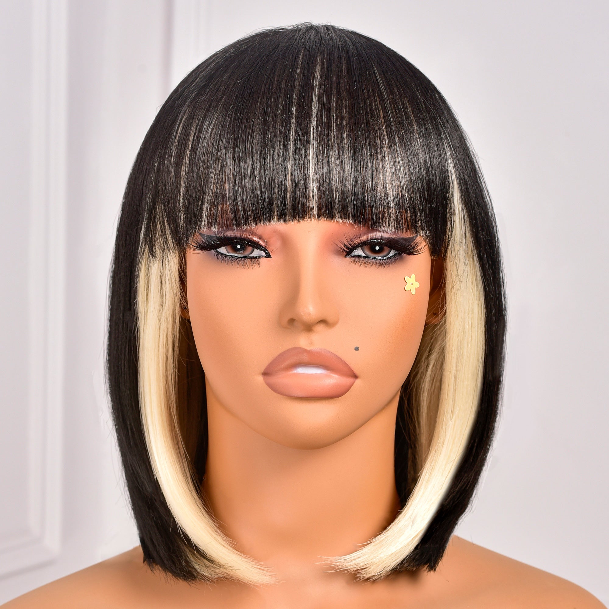 Toyotress Short Bob Synthetic Wigs | Blunt cut Natural Black Straight Wig with Bangs Synthetic Wig（612H+618）