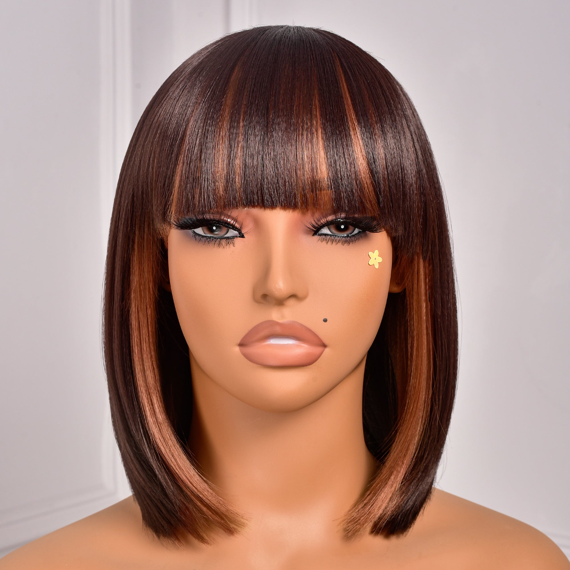 Toyotress Short Bob Synthetic Wigs | Blunt cut Natural Black Straight Wig with Bangs Synthetic Wig（612H+618）