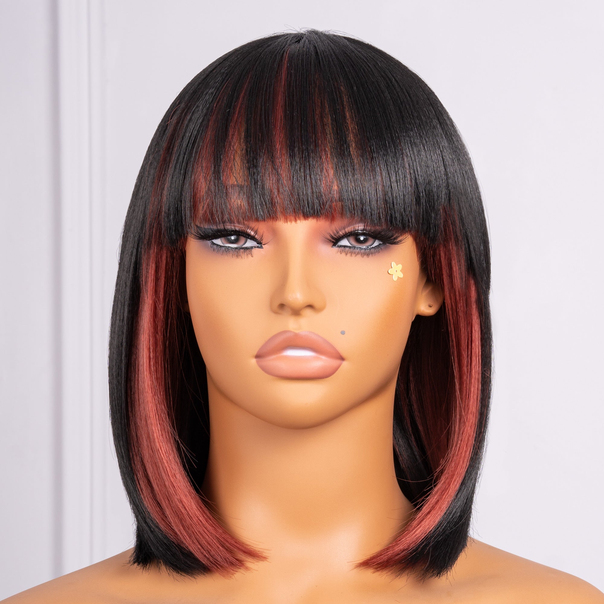 Toyotress Short Bob Synthetic Wigs | Blunt cut Natural Black Straight Wig with Bangs Synthetic Wig（612H+618）