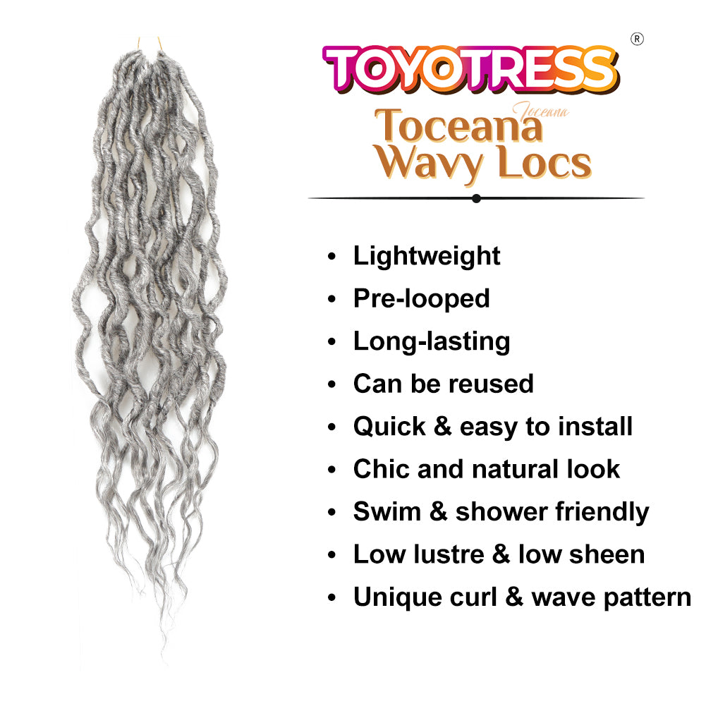 Toceana Wavy Locs Crochet Hair - Color Gray (12 strands/pack) Pre-twisted Crochet Braids Pre-looped Goddess Faux Locs Synthetic Braiding Hair Extensions - Toyotress