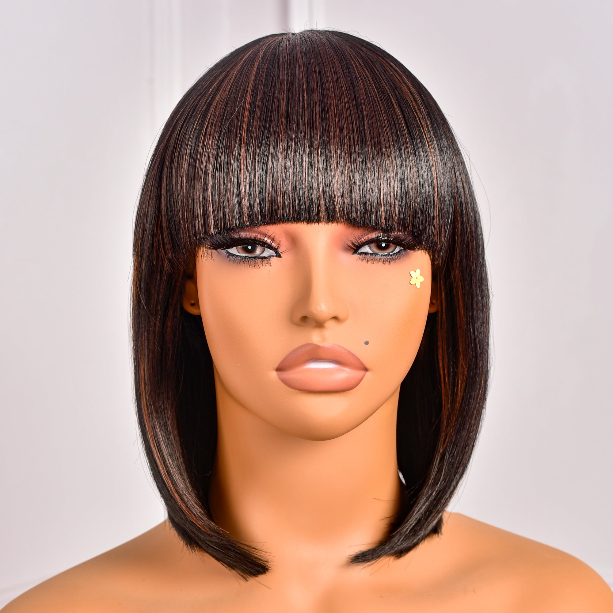 Toyotress Short Bob Synthetic Wigs | Blunt cut Natural Black Straight Wig with Bangs Synthetic Wig（612H+618）