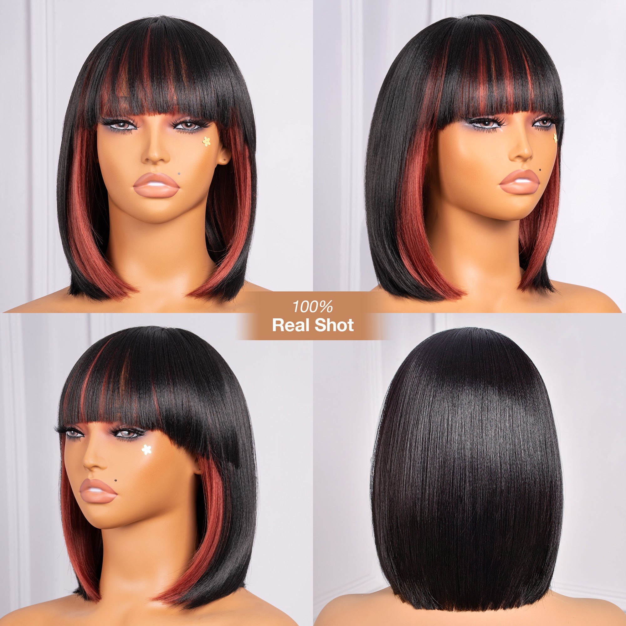 Toyotress Short Bob Synthetic Wigs | Blunt cut Natural Black Straight Wig with Bangs Synthetic Wig（612H+618）