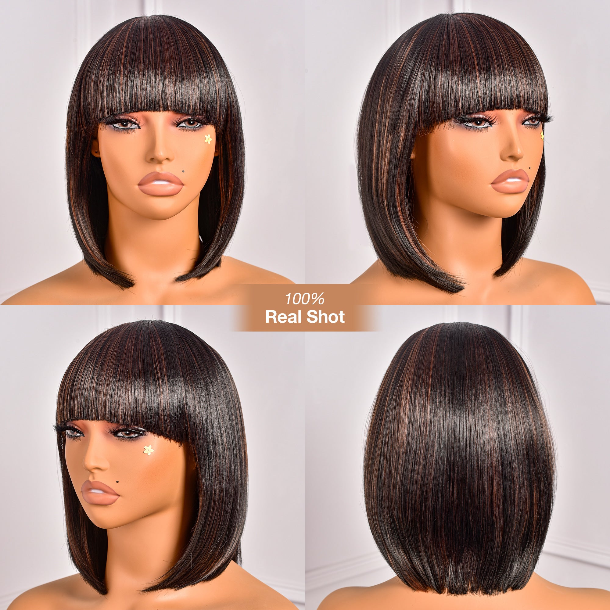 Toyotress Short Bob Synthetic Wigs | Blunt cut Natural Black Straight Wig with Bangs Synthetic Wig（612H+618）