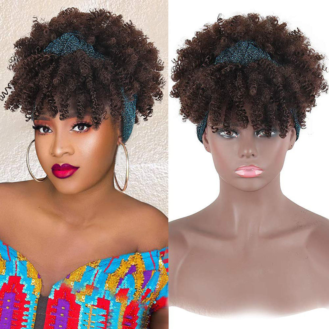 Toyotress Curly Wigs Headband Wigs with Bangs Wrap Wig 2 in 1 Synthetic Short Afro Kinky Curly Wig with Headband Attached Headwrap Wigs Drawstring High Afro Puff Turban