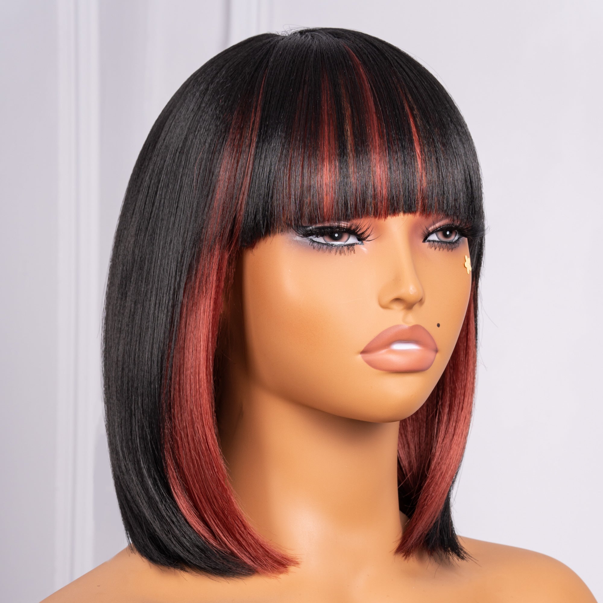 Toyotress Short Bob Synthetic Wigs | Blunt cut Natural Black Straight Wig with Bangs Synthetic Wig（612H+618）