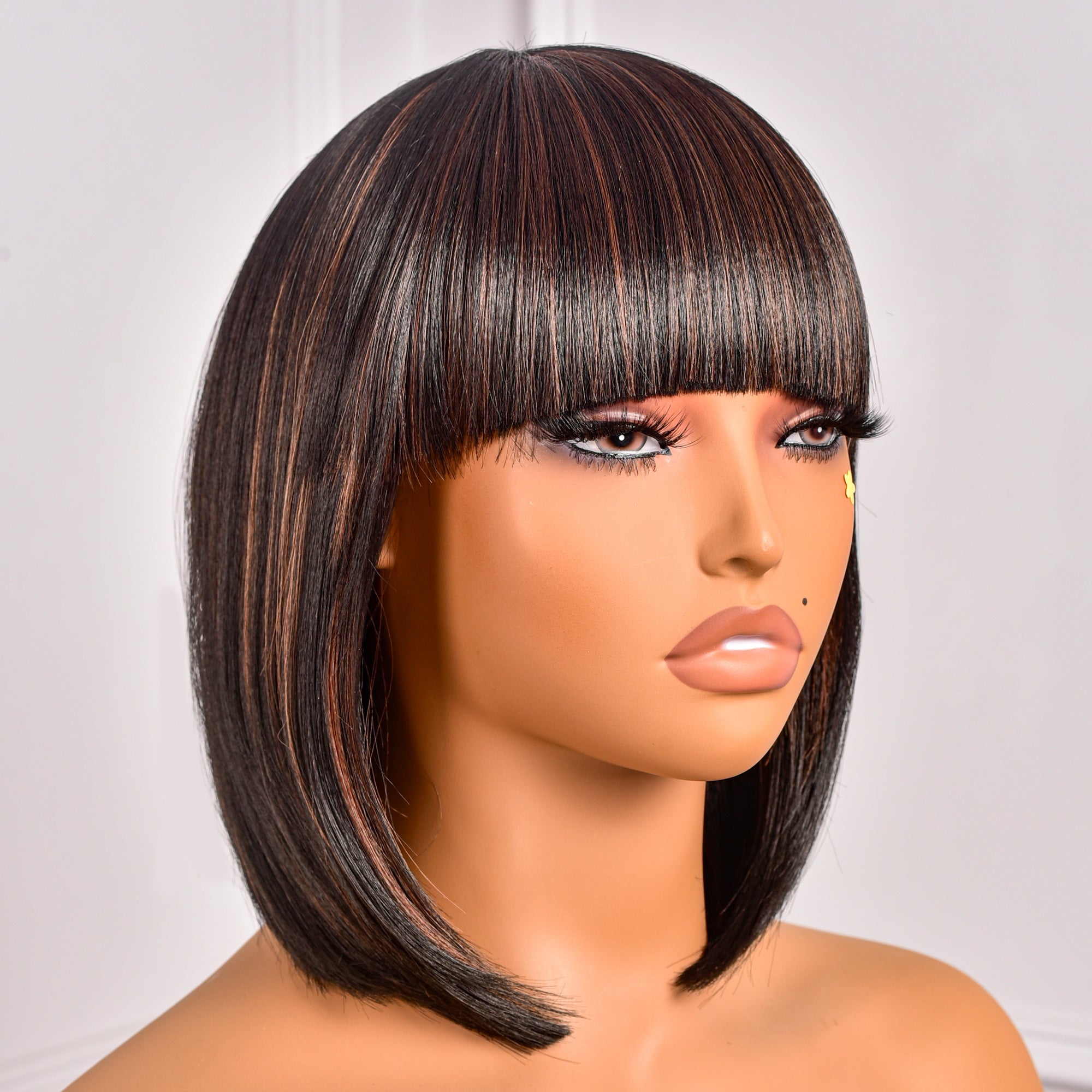 Toyotress Short Bob Synthetic Wigs | Blunt cut Natural Black Straight Wig with Bangs Synthetic Wig（612H+618）