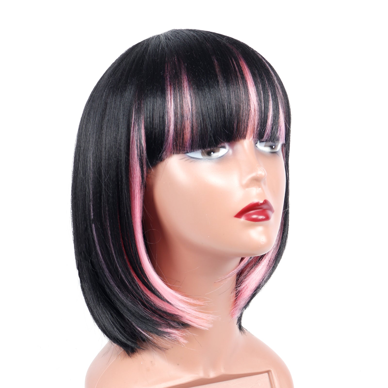 Toyotress Short Bob Synthetic Wigs | Blunt cut Natural Black Straight Wig with Bangs Synthetic Wig（612H+618）