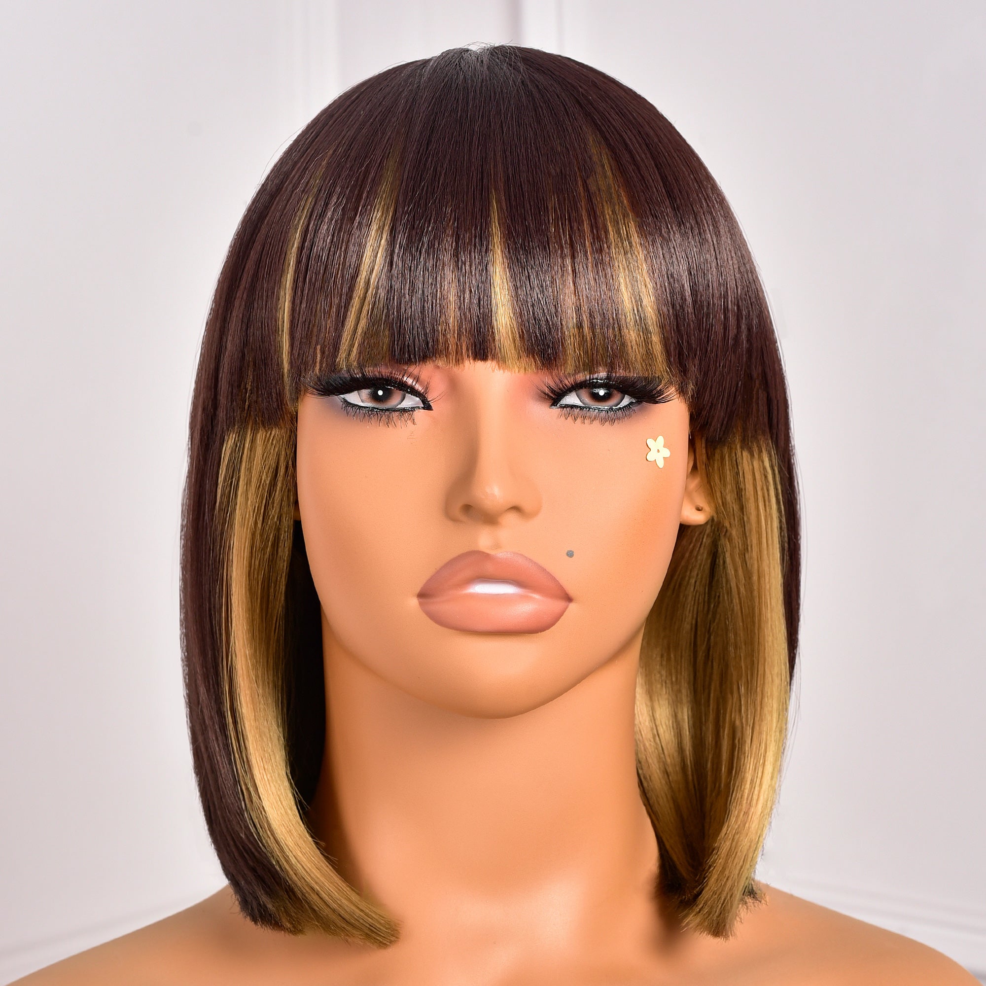 Toyotress Short Bob Synthetic Wigs | Blunt cut Natural Black Straight Wig with Bangs Synthetic Wig（612H+618）