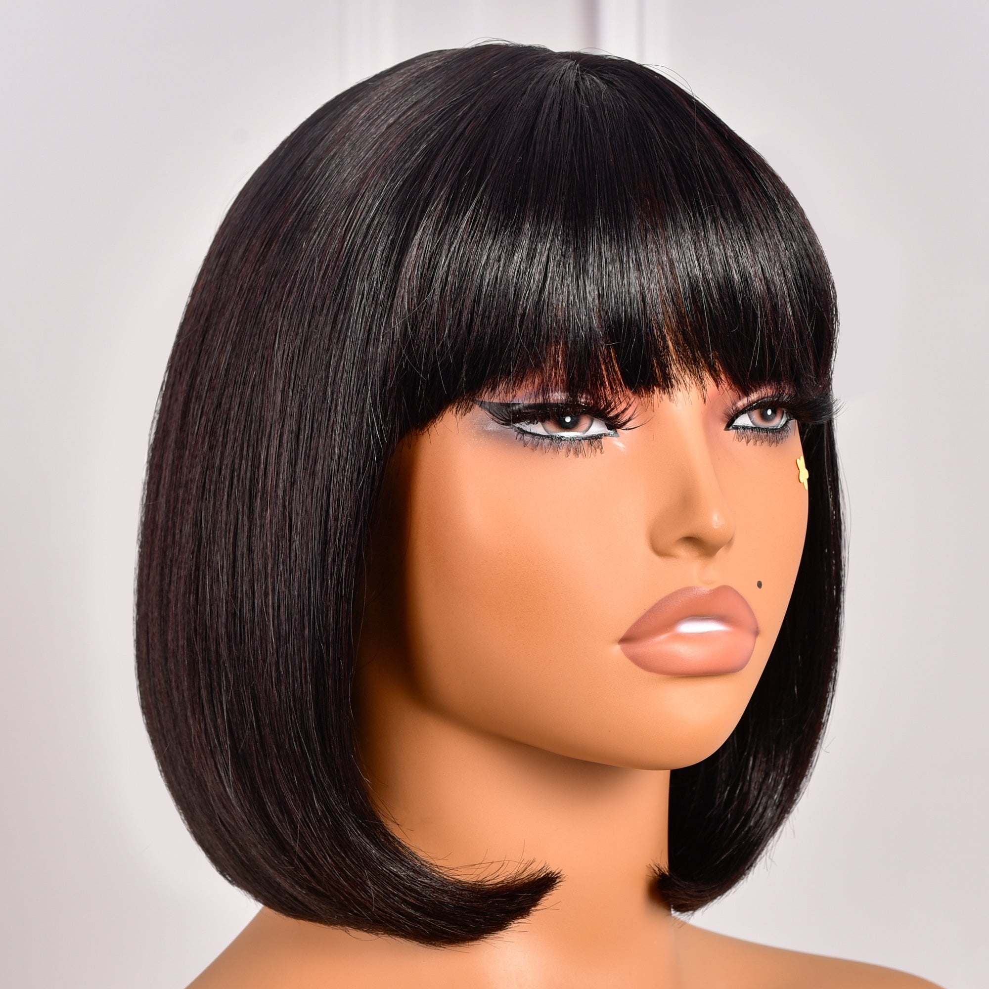 Toyotress Human Hair Bob Wigs - 10 Inch Blunt Cut Short Black Bob Wigs With Bangs, Light Yaki Straight Realistic Look HD Invisible 13*4 T-Part long Lace Glueless 100% Brazilian Virgin Hair Wigs (LF0922H)