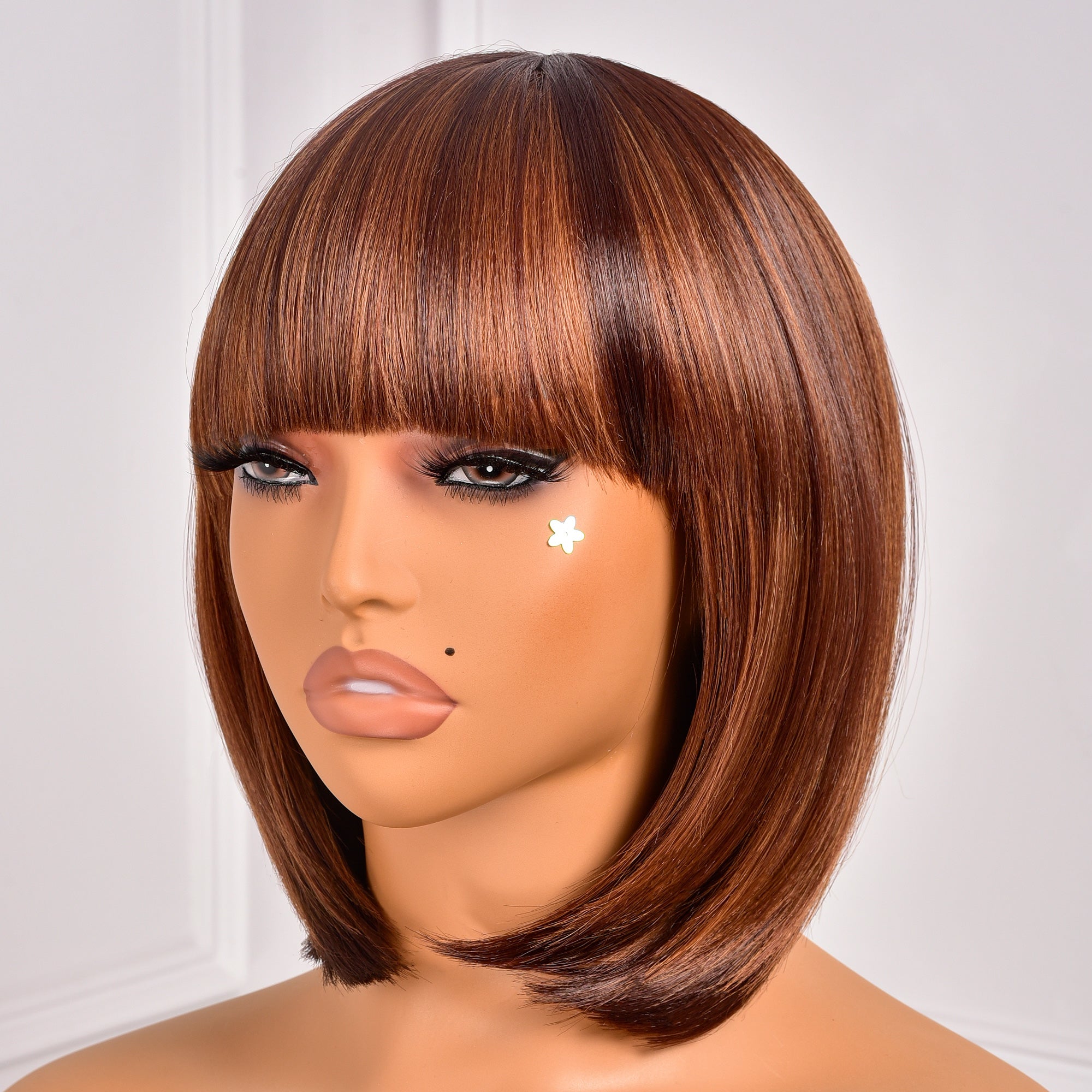 Toyotress Short Bob Synthetic Wigs | Blunt cut Natural Black Straight Wig with Bangs Synthetic Wig（612H+618）