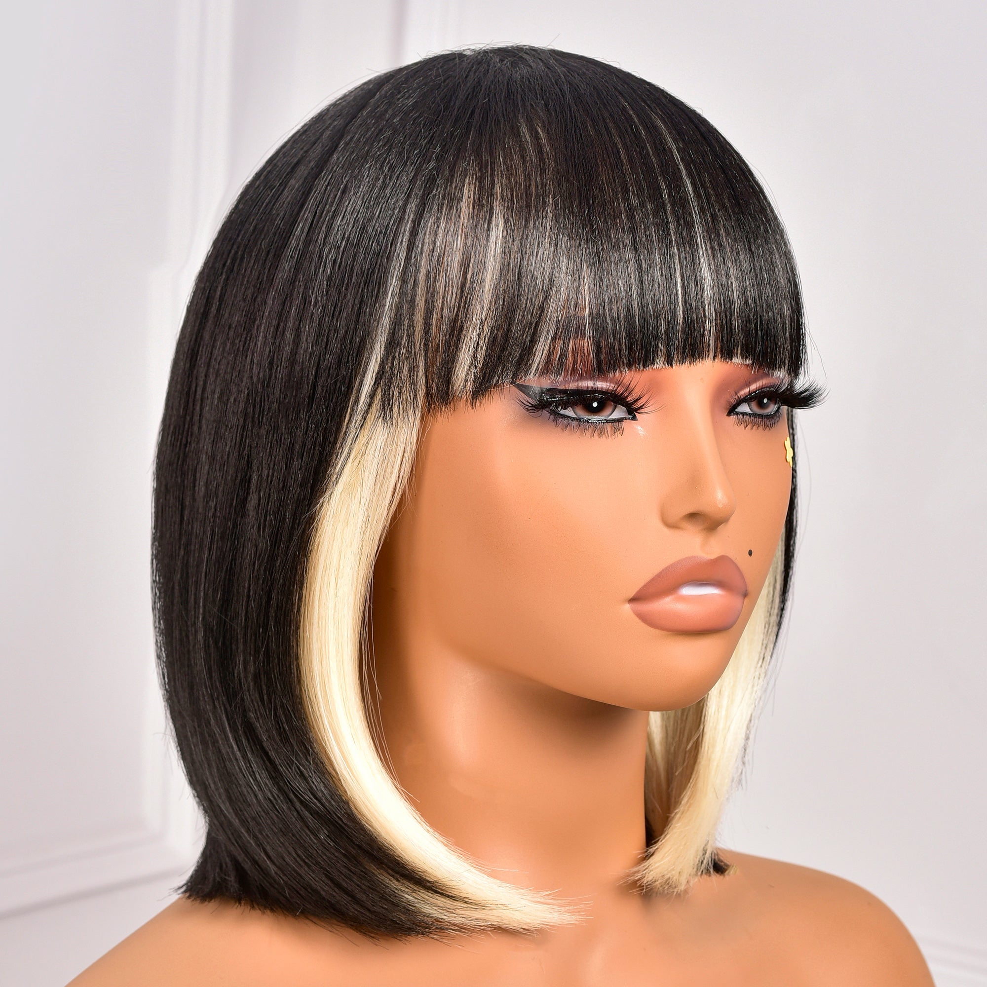 Toyotress Short Bob Synthetic Wigs | Blunt cut Natural Black Straight Wig with Bangs Synthetic Wig（612H+618）