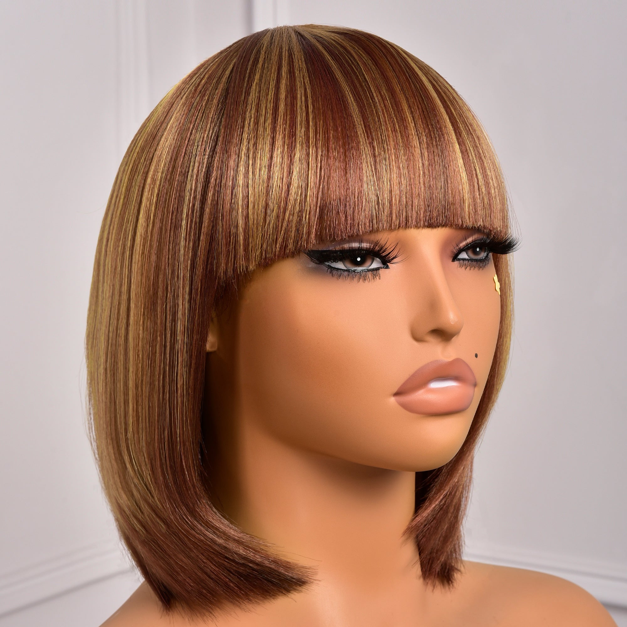 Toyotress Short Bob Synthetic Wigs | Blunt cut Natural Black Straight Wig with Bangs Synthetic Wig（612H+618）