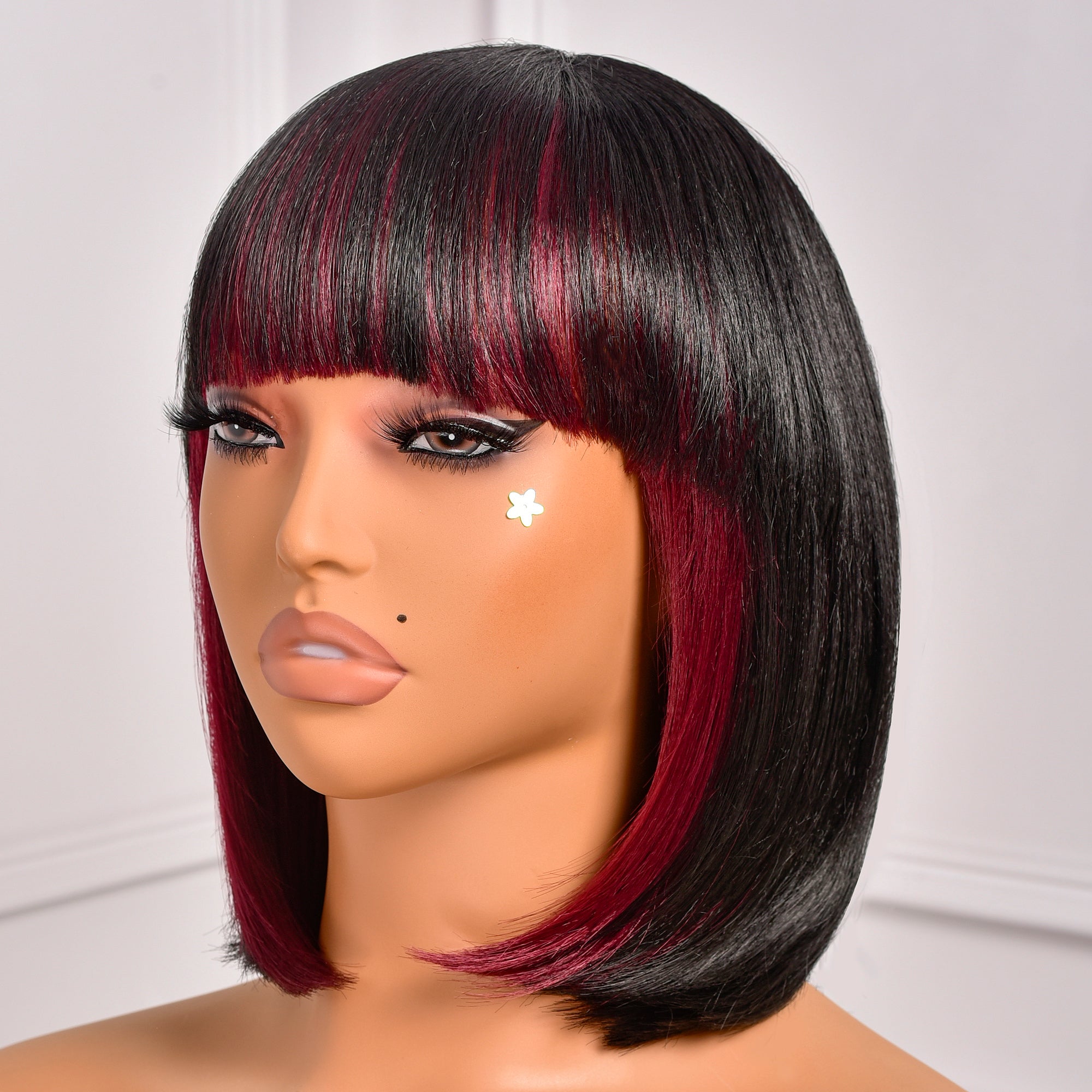 Toyotress Short Bob Synthetic Wigs | Blunt cut Natural Black Straight Wig with Bangs Synthetic Wig（612H+618）