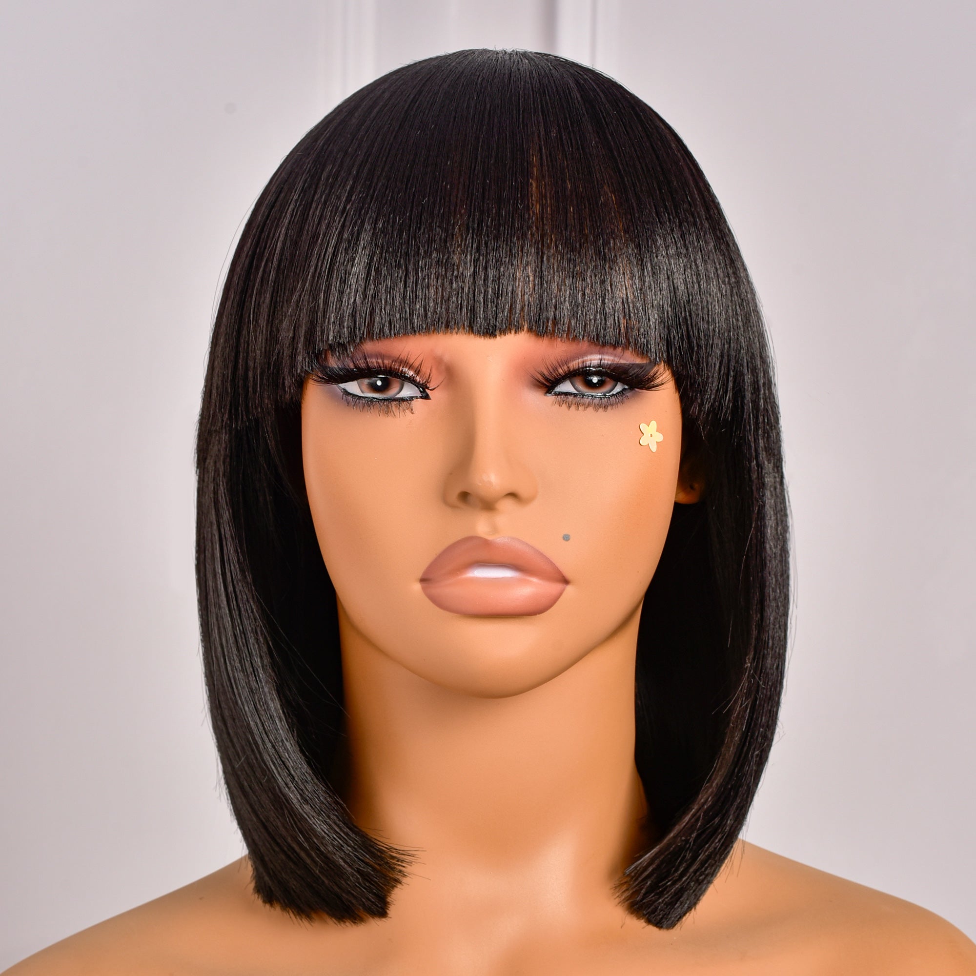 Toyotress Short Bob Synthetic Wigs | Blunt cut Natural Black Straight Wig with Bangs Synthetic Wig（612H+618）