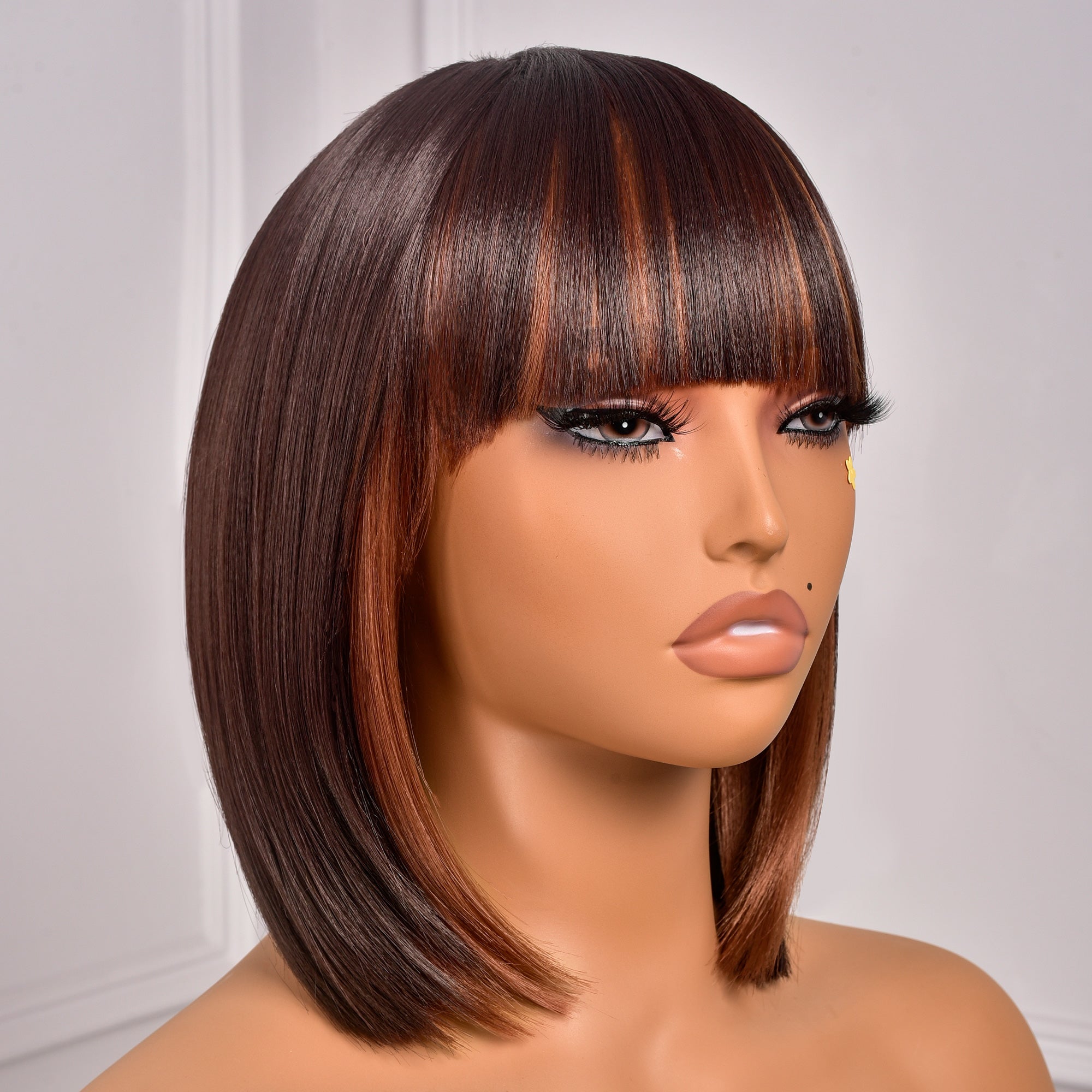 Toyotress Short Bob Synthetic Wigs | Blunt cut Natural Black Straight Wig with Bangs Synthetic Wig（612H+618）