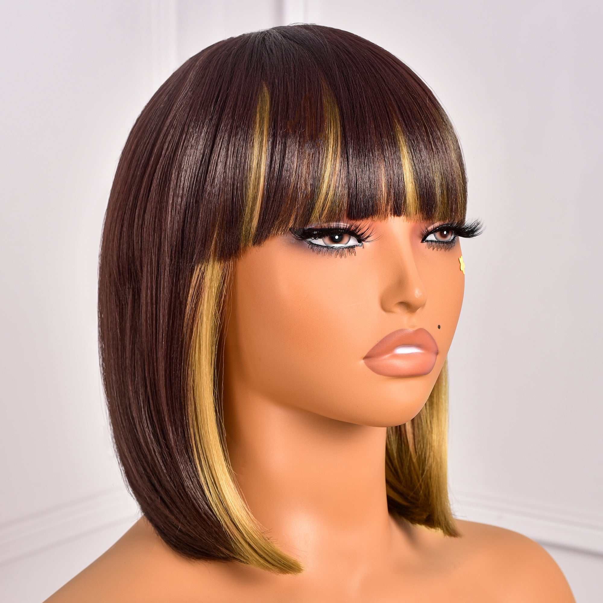 Toyotress Short Bob Synthetic Wigs | Blunt cut Natural Black Straight Wig with Bangs Synthetic Wig（612H+618）