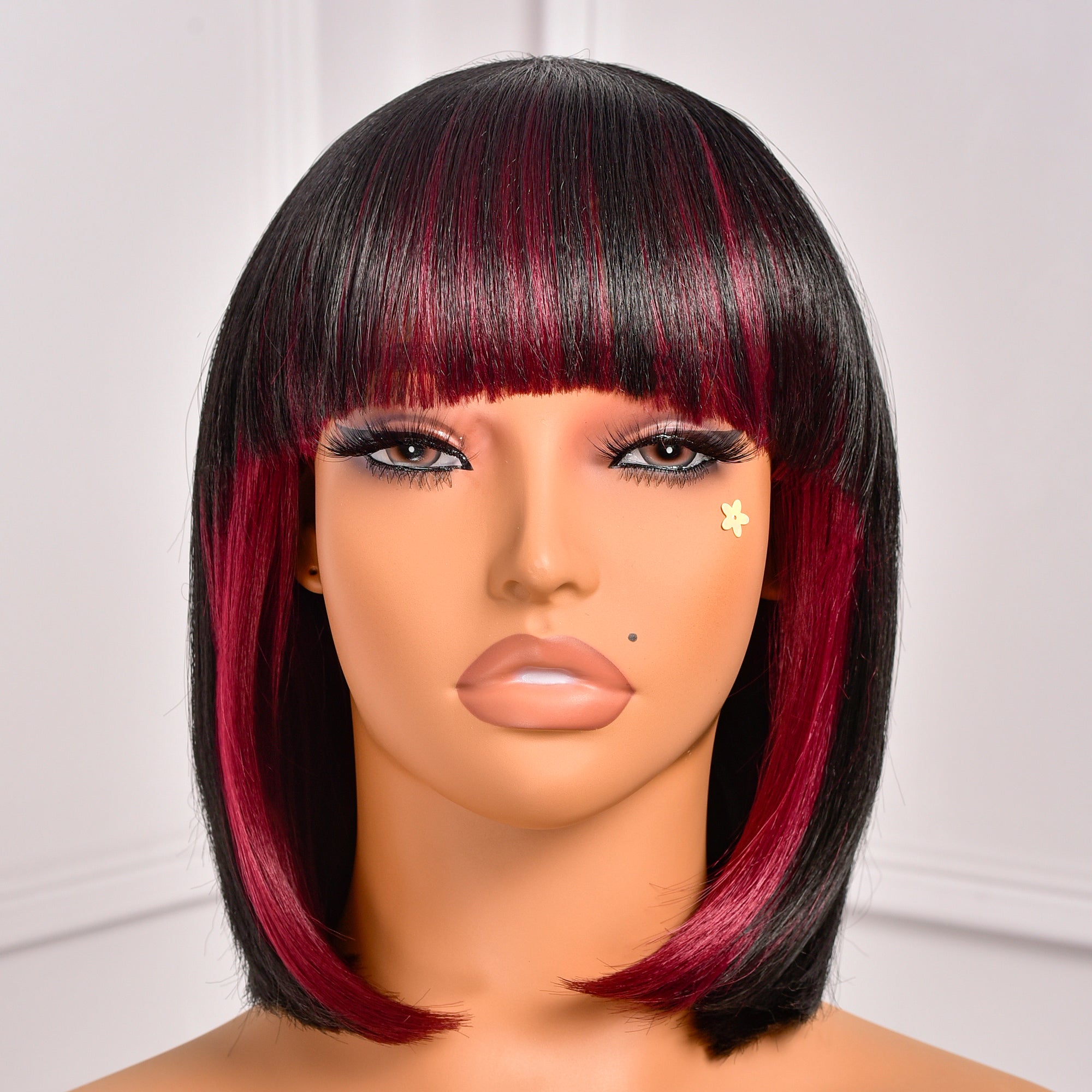 Toyotress Short Bob Synthetic Wigs | Blunt cut Natural Black Straight Wig with Bangs Synthetic Wig（612H+618）