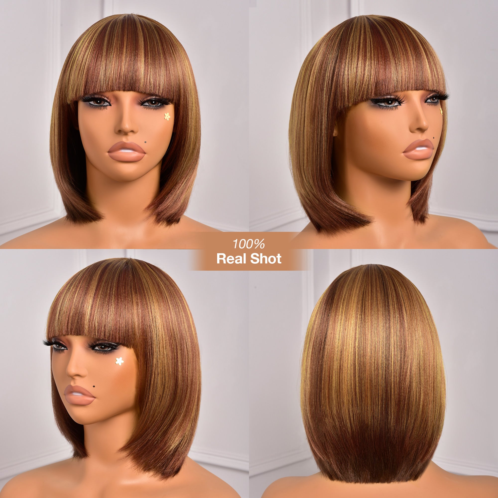 Toyotress Short Bob Synthetic Wigs | Blunt cut Natural Black Straight Wig with Bangs Synthetic Wig（612H+618）