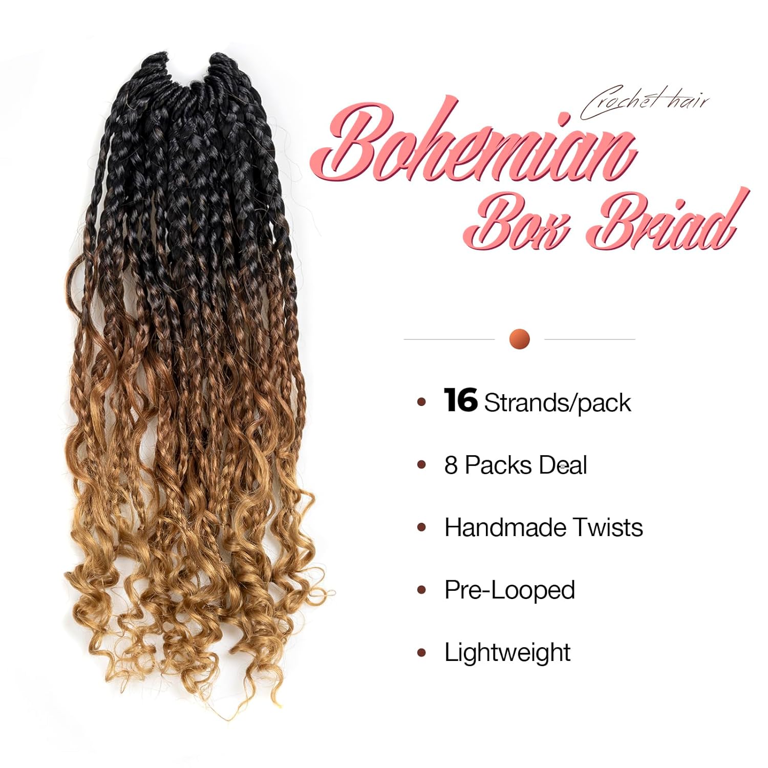 FAST SHIPPING 3-5 DAY GBB | ToyoTress Bohemian Box Braids Crochet Hair - 10 Inch 8 Packs Ombre Brown Blonde Box Braids Crochet Hair Curly End Crochet Braids, Short Pre-looped Synthetic Braidsing Hair Extensions