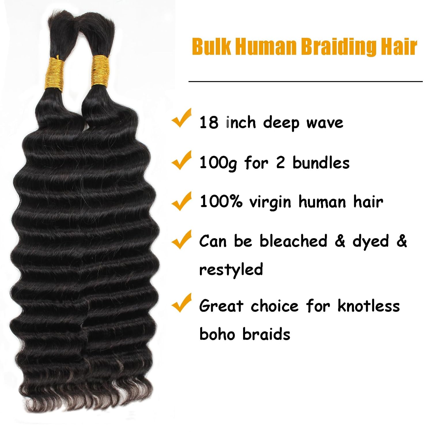 Toyotress Human Braiding Hair Deep Wave Bulk Human Hair Bundles No Weft Curly Human Hair For Boho Braids 100 Percent Human Hair For Braiding(18inch, 100g, 1B)