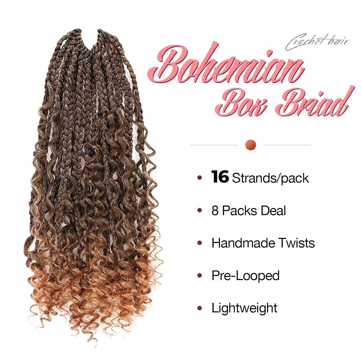 FAST SHIPPING 3-5 DAY GBB | ToyoTress Bohemian Box Braids Crochet Hair - 10 Inch 8 Packs Ombre Brown Blonde Box Braids Crochet Hair Curly End Crochet Braids, Short Pre-looped Synthetic Braidsing Hair Extensions