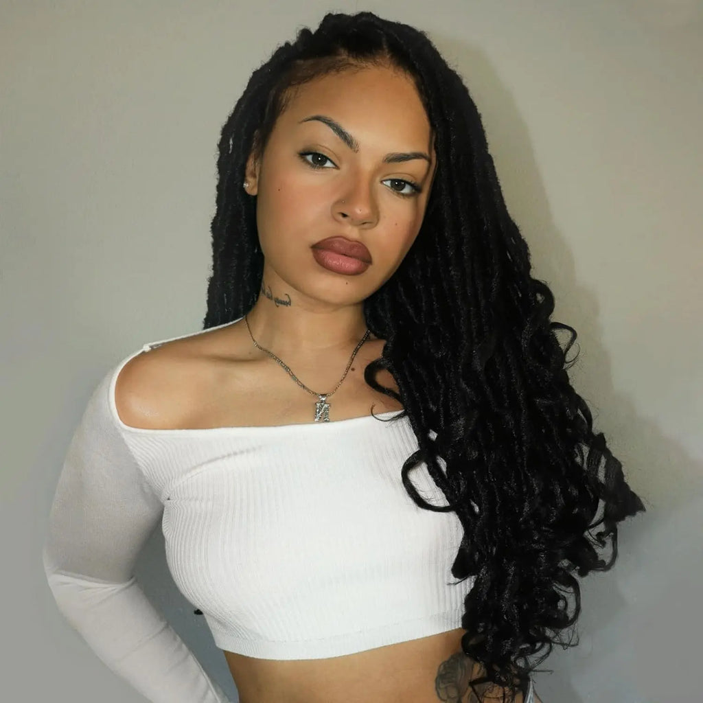 ( US ONLY) FAST SHIPPING FC | Toyotress® French Curl Locs Crochet Hair Curly Faux Locs 8 Packs Black Pre-Looped Crochet Hair with Curly ends Crochet Hair with Soft Curly Wave Ends Hair Extensions Toyotress