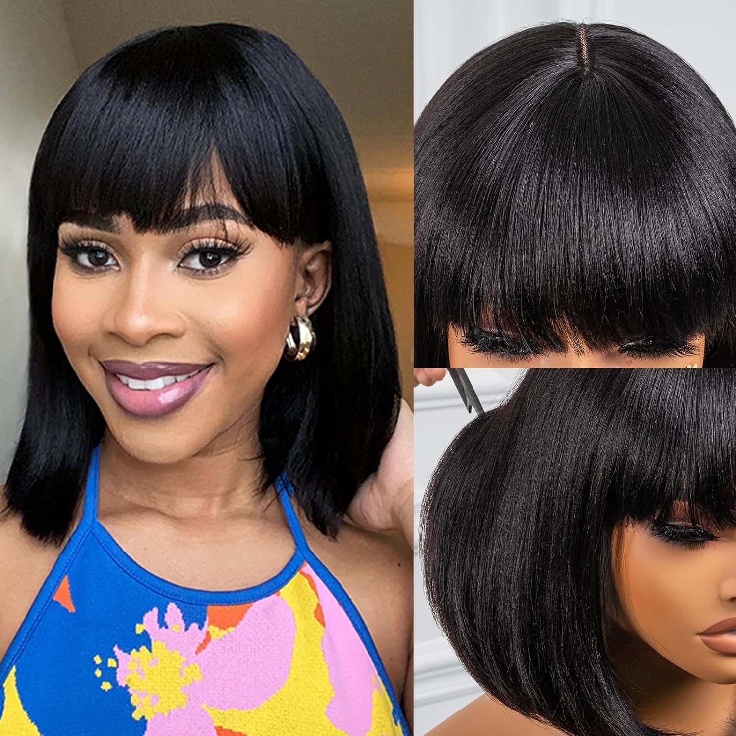 FAST SHIPPING 3-5 DAY HUMAN HAIR WIG |ToyoTress U-Part Bob Wigs Human Hair - Short Straight Clip In Wigs Glueless Wigs for Black Women Natural Black Light Yaki 100% Brazilian Virgin Hair Middle or Side part (8 Inch 1B)