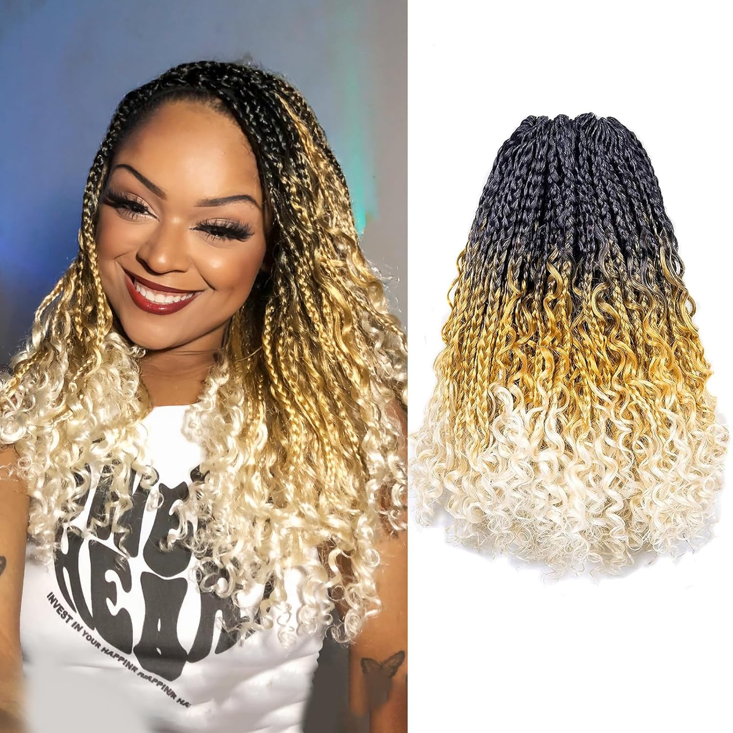 FAST SHIPPING 3-5 DAY GBB | ToyoTress Bohemian Box Braids Crochet Hair - 10 Inch 8 Packs Ombre Brown Blonde Box Braids Crochet Hair Curly End Crochet Braids, Short Pre-looped Synthetic Braidsing Hair Extensions