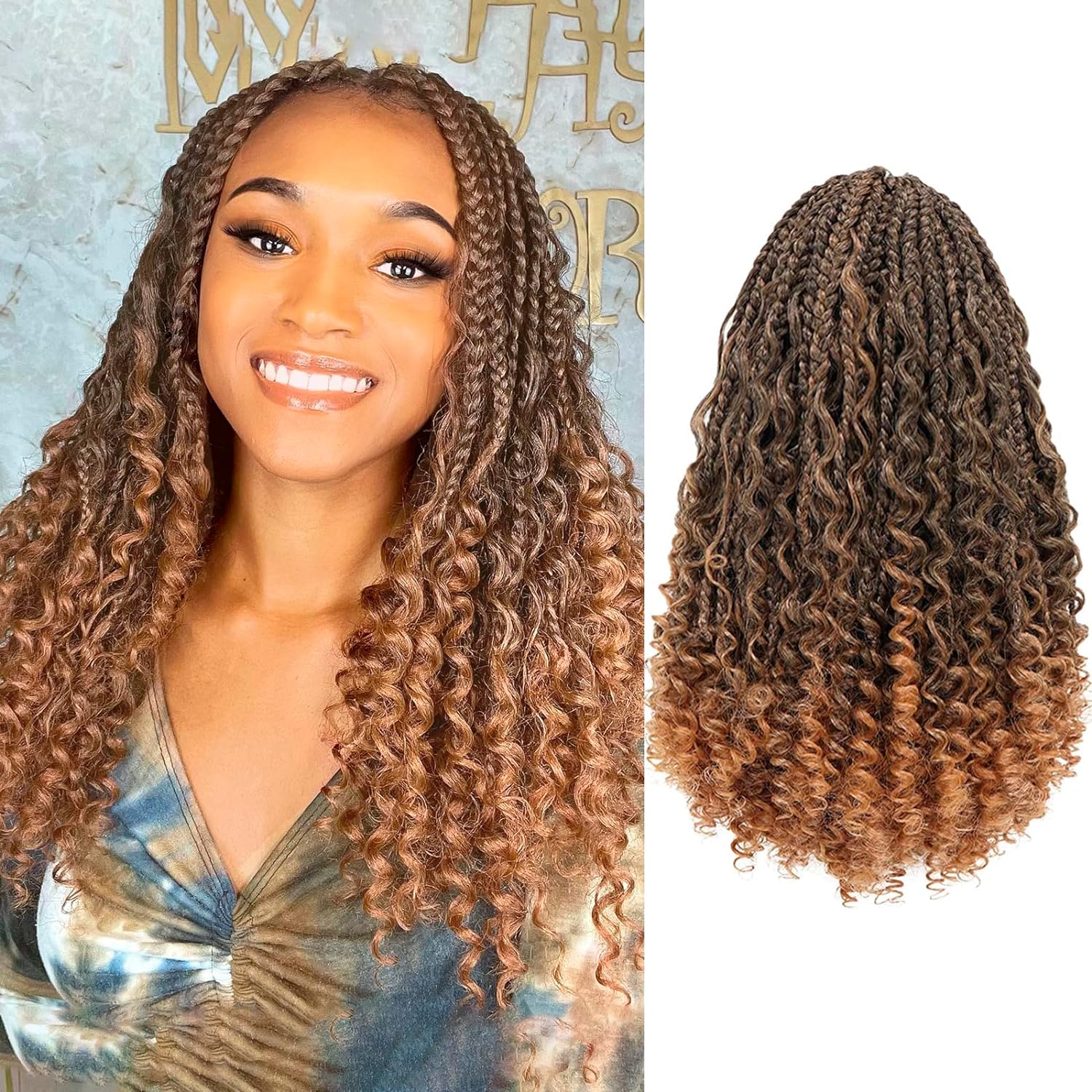 FAST SHIPPING 3-5 DAY GBB | ToyoTress Bohemian Box Braids Crochet Hair - 10 Inch 8 Packs Ombre Brown Blonde Box Braids Crochet Hair Curly End Crochet Braids, Short Pre-looped Synthetic Braidsing Hair Extensions