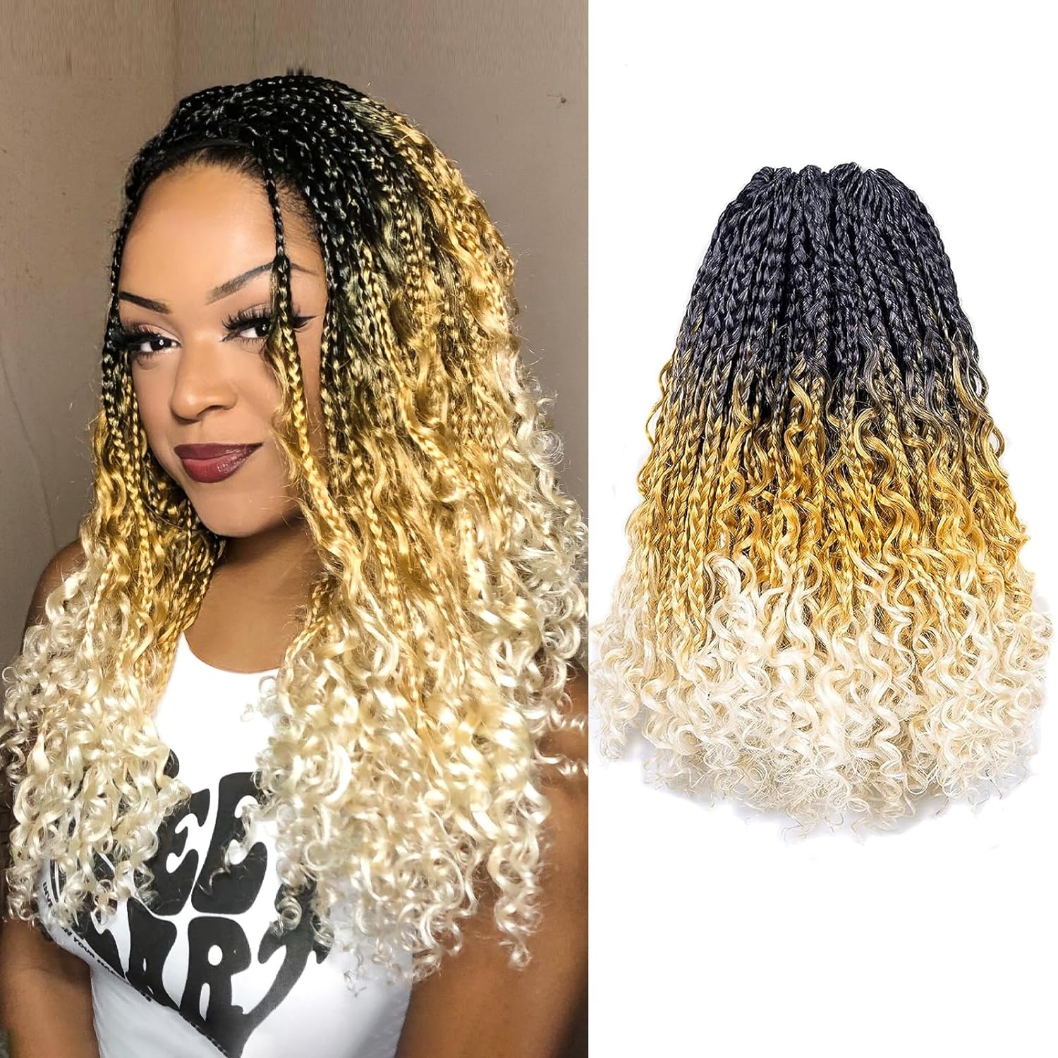 FAST SHIPPING 3-5 DAY GBB | ToyoTress Bohemian Box Braids Crochet Hair - 10 Inch 8 Packs Ombre Brown Blonde Box Braids Crochet Hair Curly End Crochet Braids, Short Pre-looped Synthetic Braidsing Hair Extensions